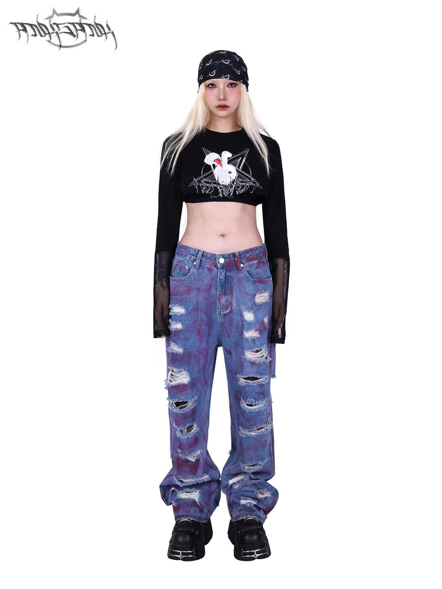 PINKSPINK Rock Rabbit Patchwork Mesh Zip Print Slim Women's Long Sleeve T-shirts