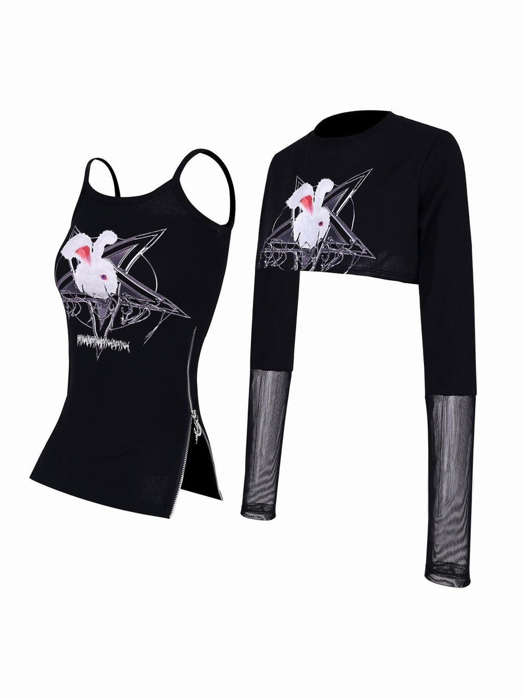 PINKSPINK Rock Rabbit Patchwork Mesh Zip Print Slim Women's Long Sleeve T-shirts