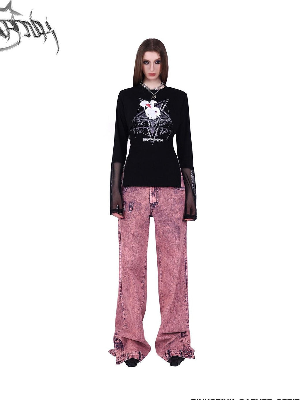 PINKSPINK Rock Rabbit Patchwork Mesh Zip Print Slim Women's Long Sleeve T-shirts
