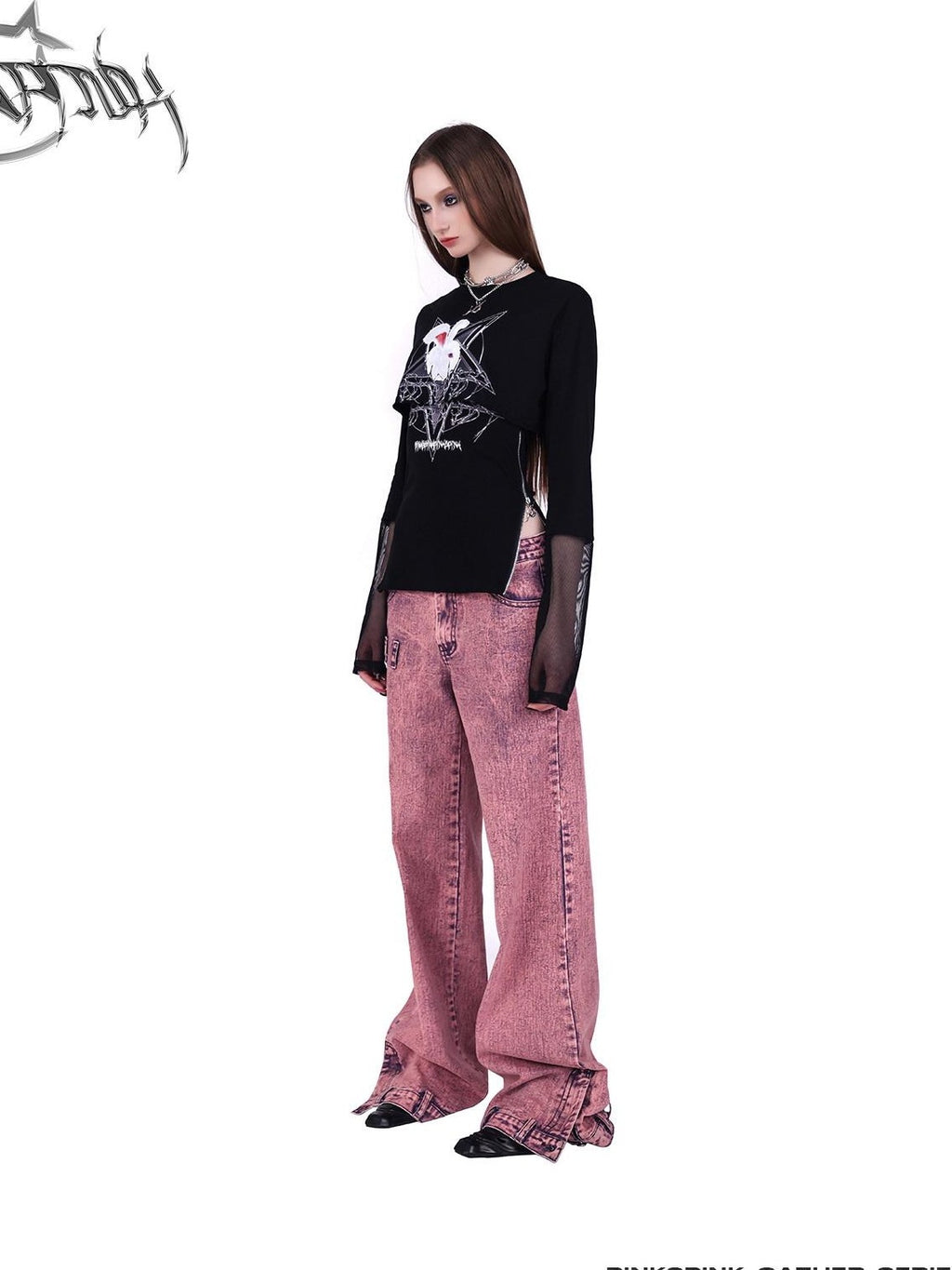 PINKSPINK Rock Rabbit Patchwork Mesh Zip Print Slim Women's Long Sleeve T-shirts