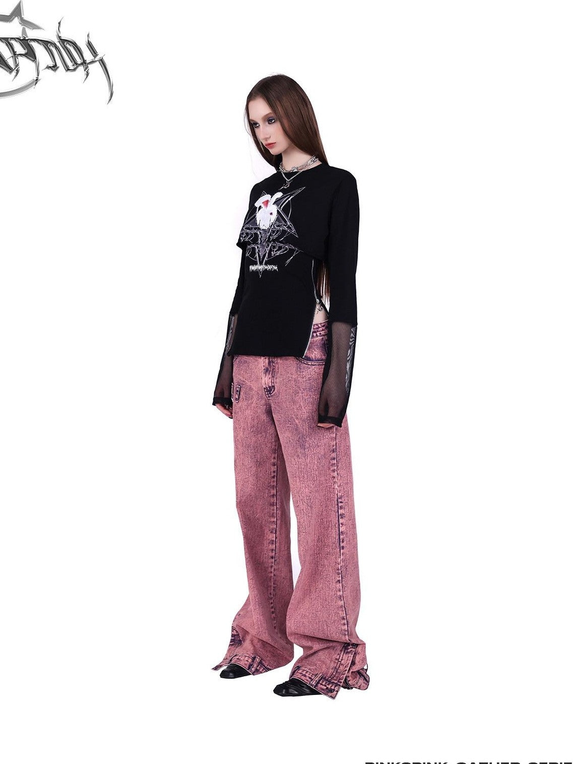 PINKSPINK Rock Rabbit Patchwork Mesh Zip Print Slim Women's Long Sleeve T-shirts