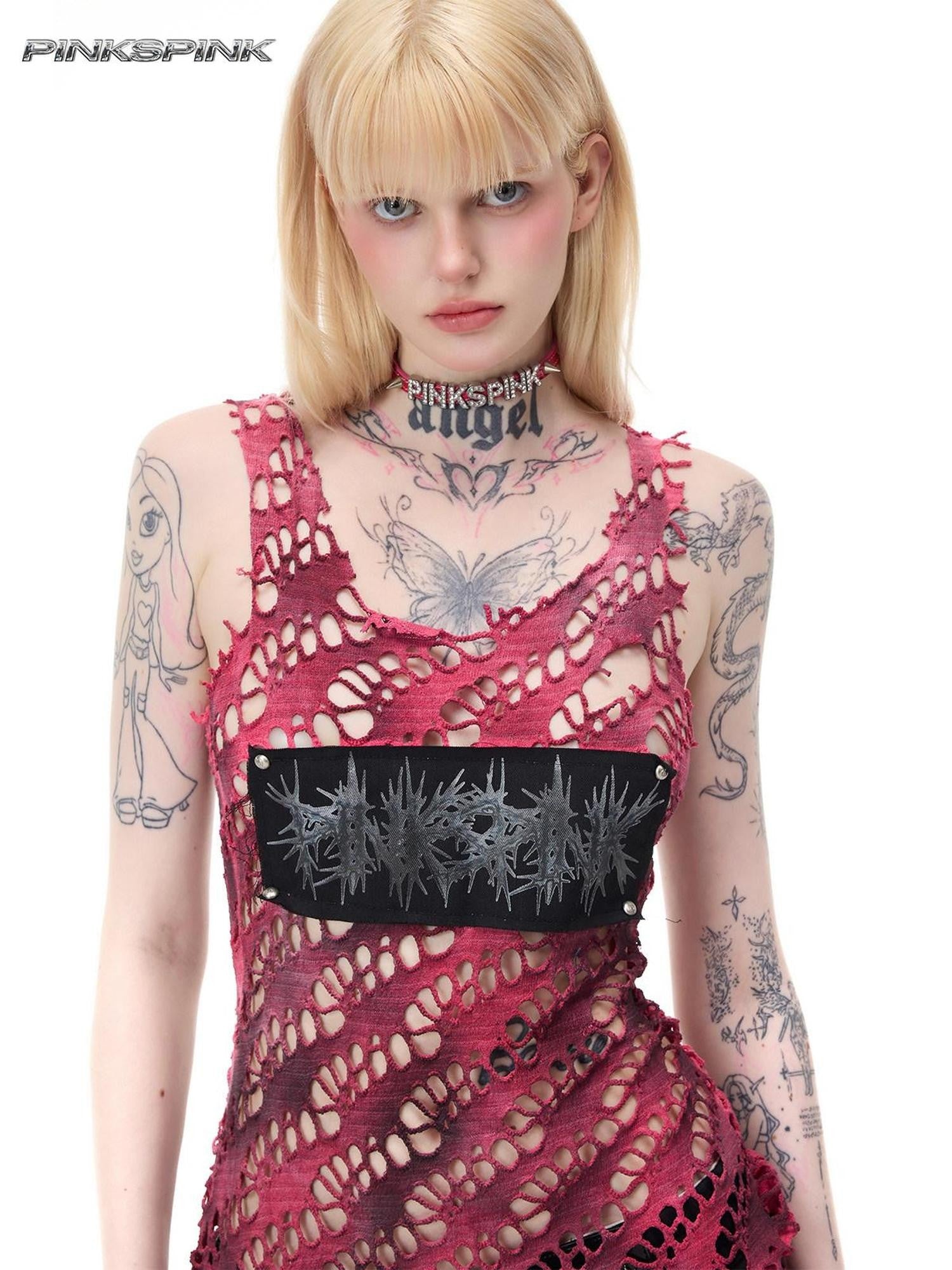 PINKSPINK Rose Red Punk Studs Patchwork Gradient Mesh Women's Cotton Slip Midi Dresses
