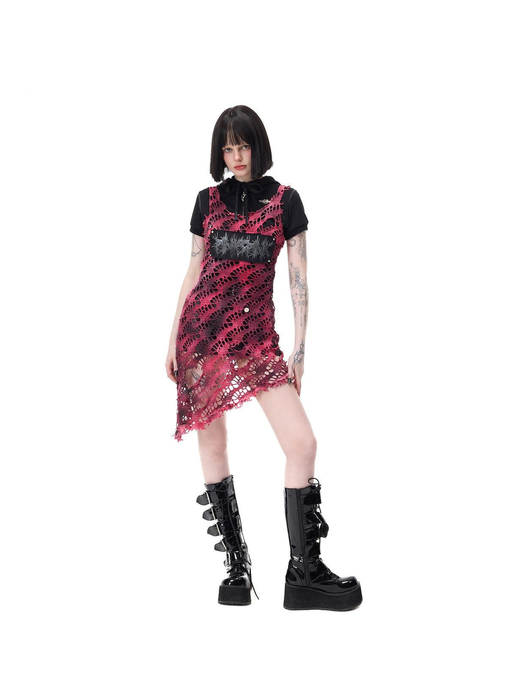PINKSPINK Rose Red Punk Studs Patchwork Gradient Mesh Women's Cotton Slip Midi Dresses