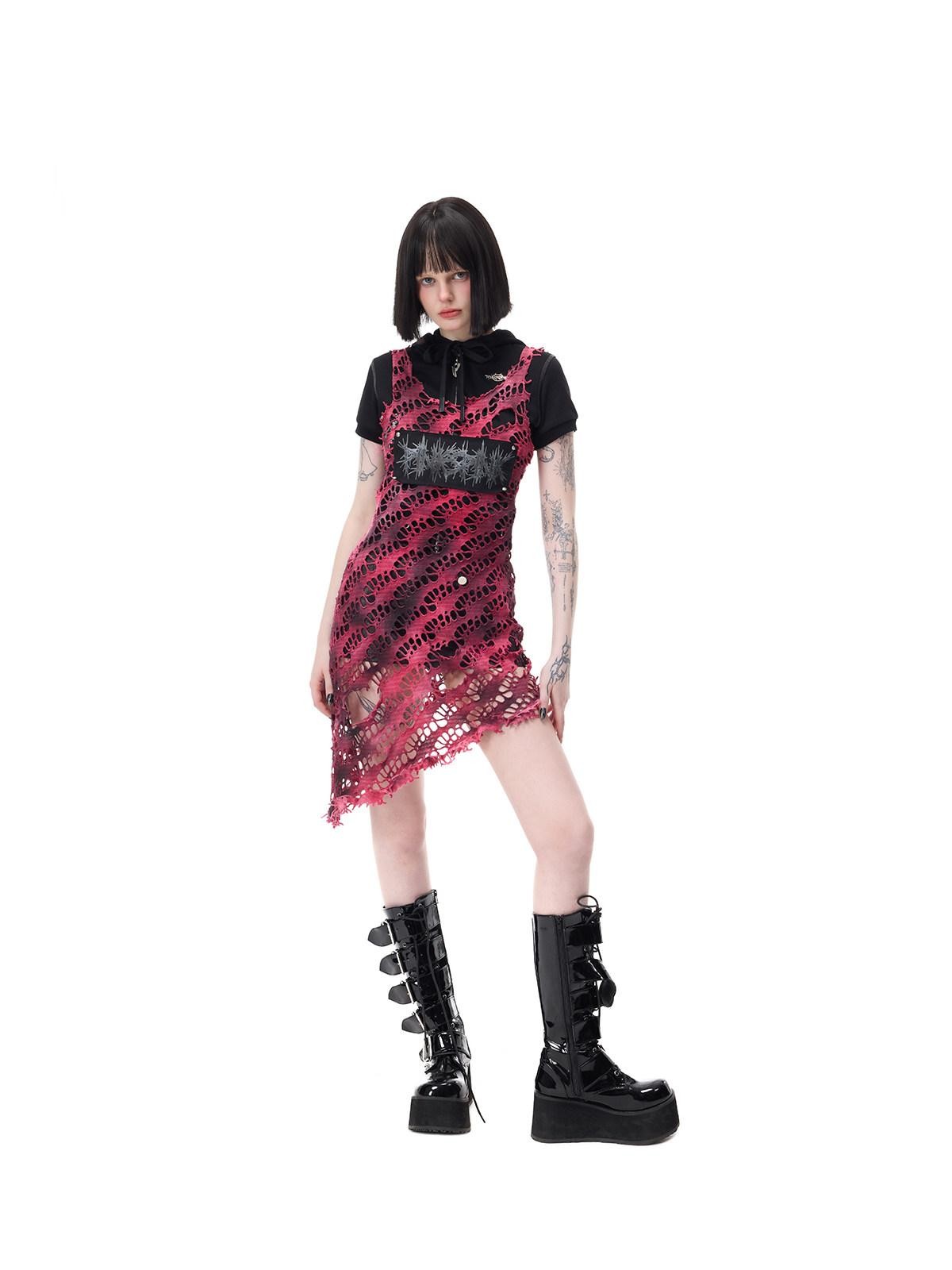 PINKSPINK Rose Red Punk Studs Patchwork Gradient Mesh Women's Cotton Slip Midi Dresses