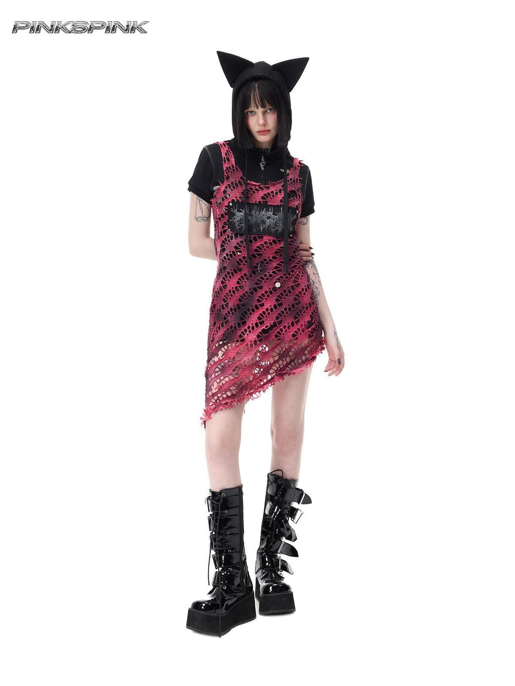 PINKSPINK Rose Red Punk Studs Patchwork Gradient Mesh Women's Cotton Slip Midi Dresses