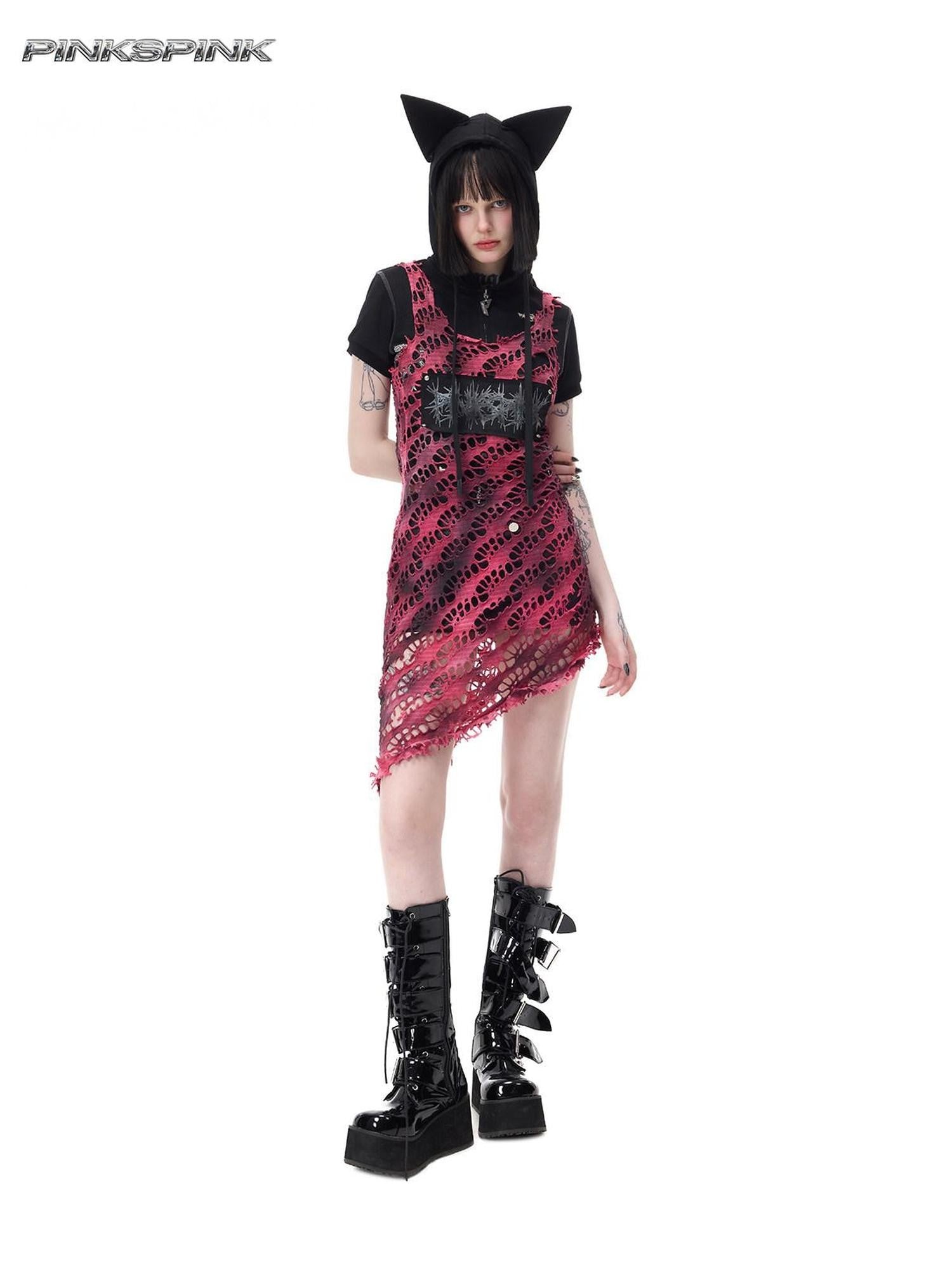PINKSPINK Rose Red Punk Studs Patchwork Gradient Mesh Women's Cotton Slip Midi Dresses