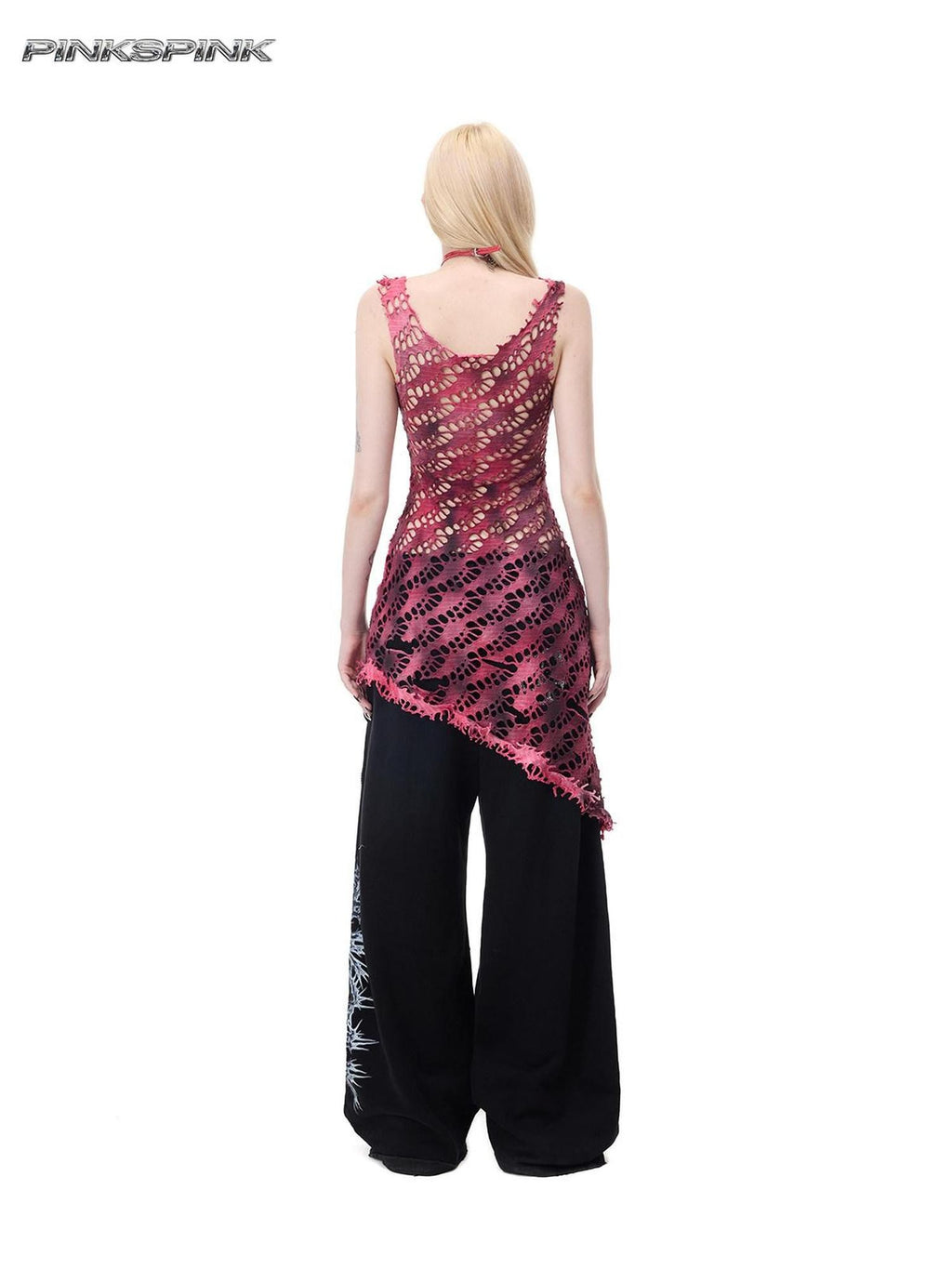 PINKSPINK Rose Red Punk Studs Patchwork Gradient Mesh Women's Cotton Slip Midi Dresses