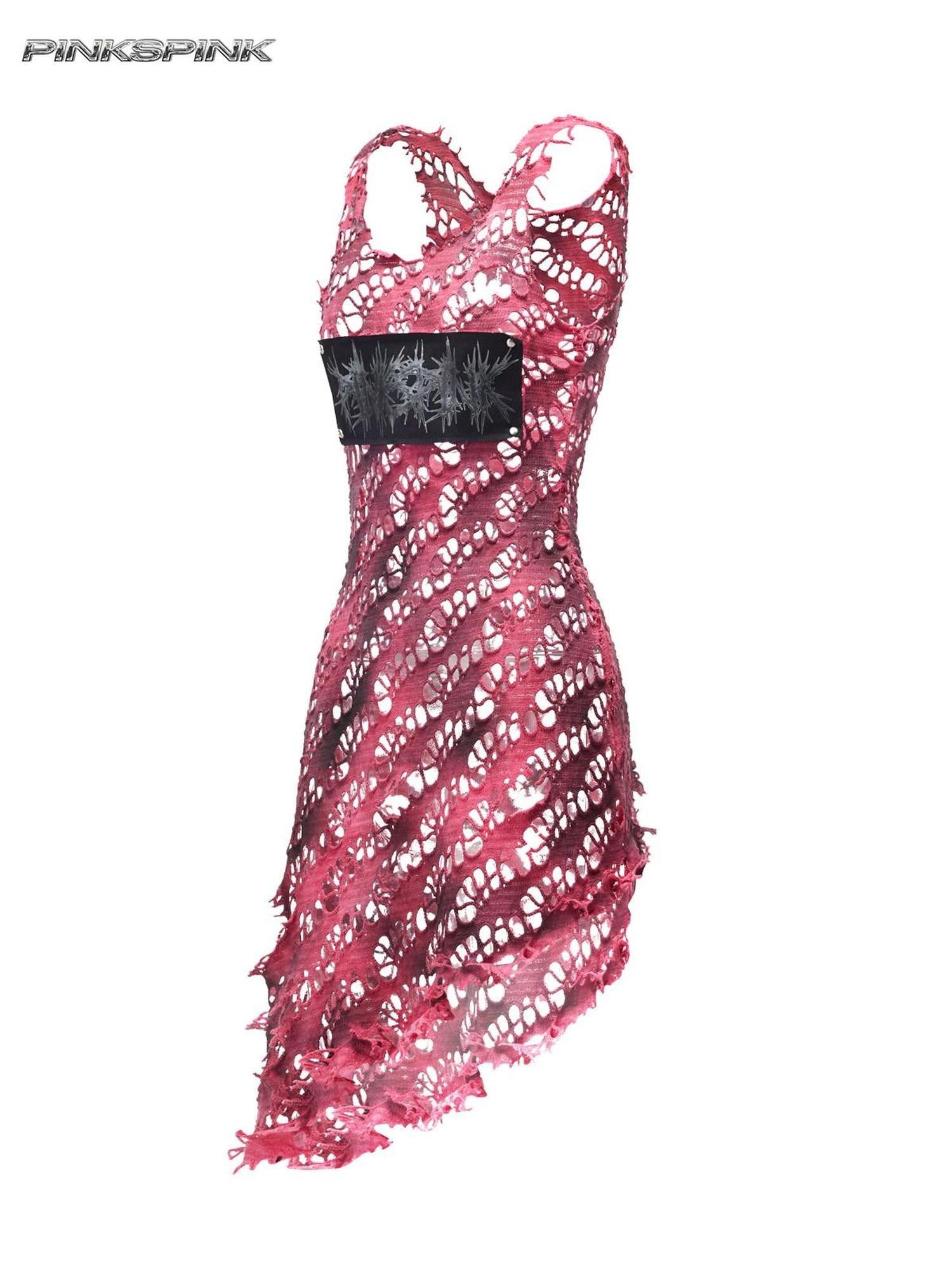 PINKSPINK Rose Red Punk Studs Patchwork Gradient Mesh Women's Cotton Slip Midi Dresses