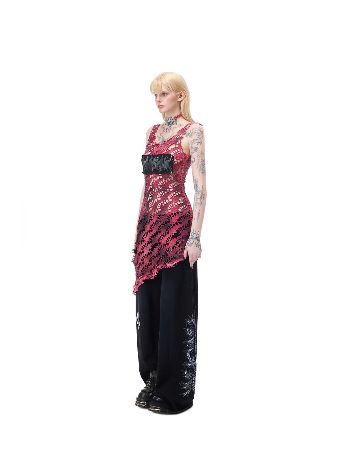 PINKSPINK Rose Red Punk Studs Patchwork Gradient Mesh Women's Cotton Slip Midi Dresses