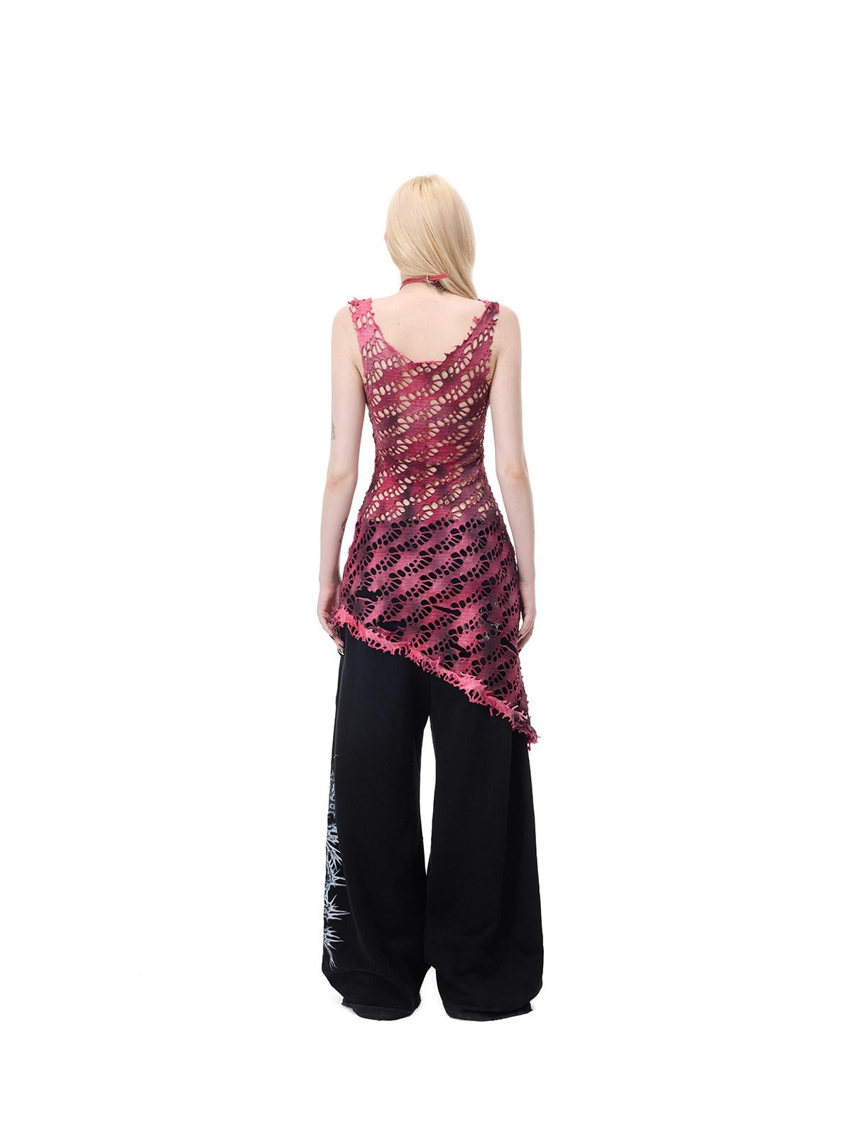 PINKSPINK Rose Red Punk Studs Patchwork Gradient Mesh Women's Cotton Slip Midi Dresses