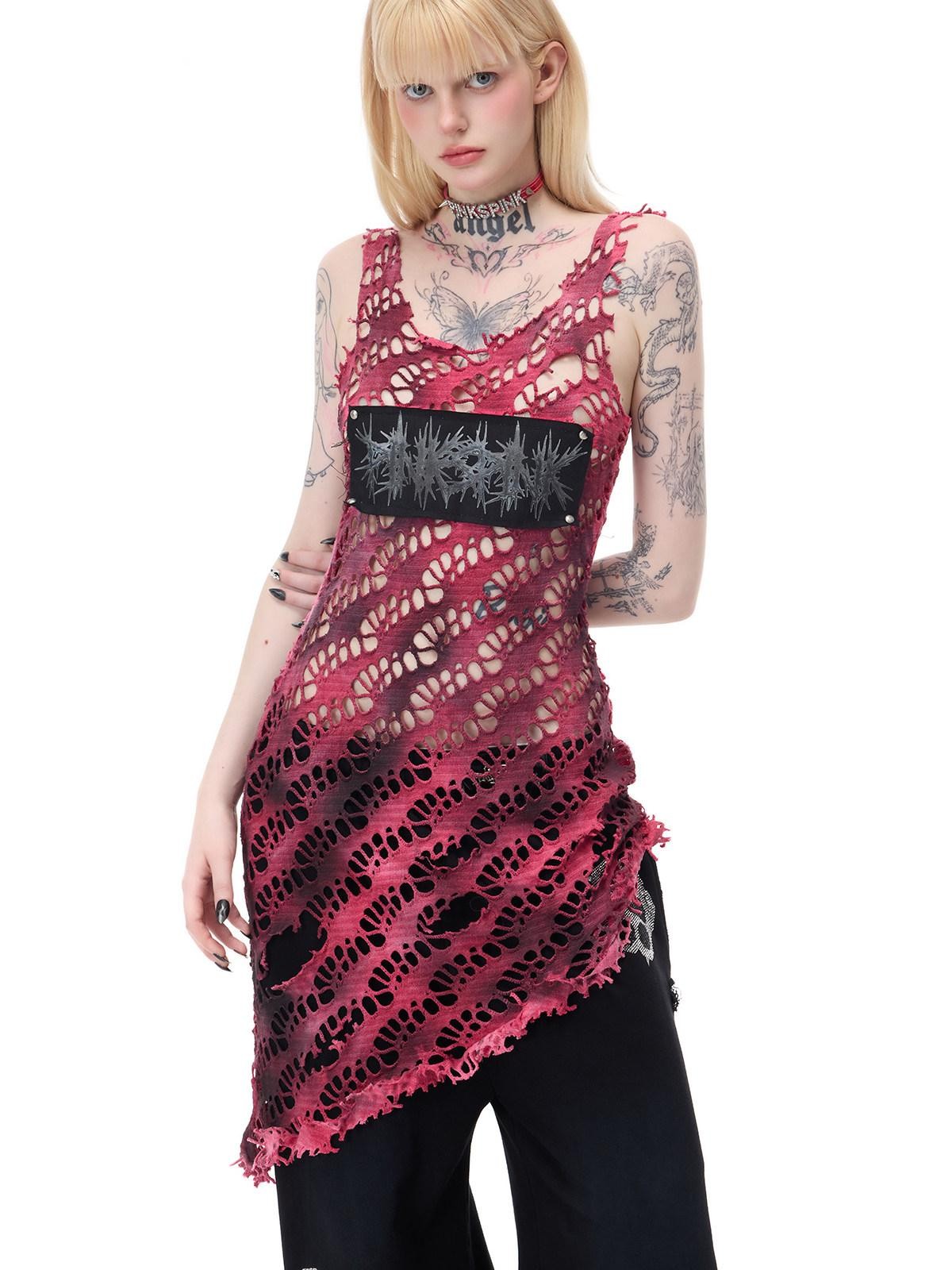 PINKSPINK Rose Red Punk Studs Patchwork Gradient Mesh Women's Cotton Slip Midi Dresses