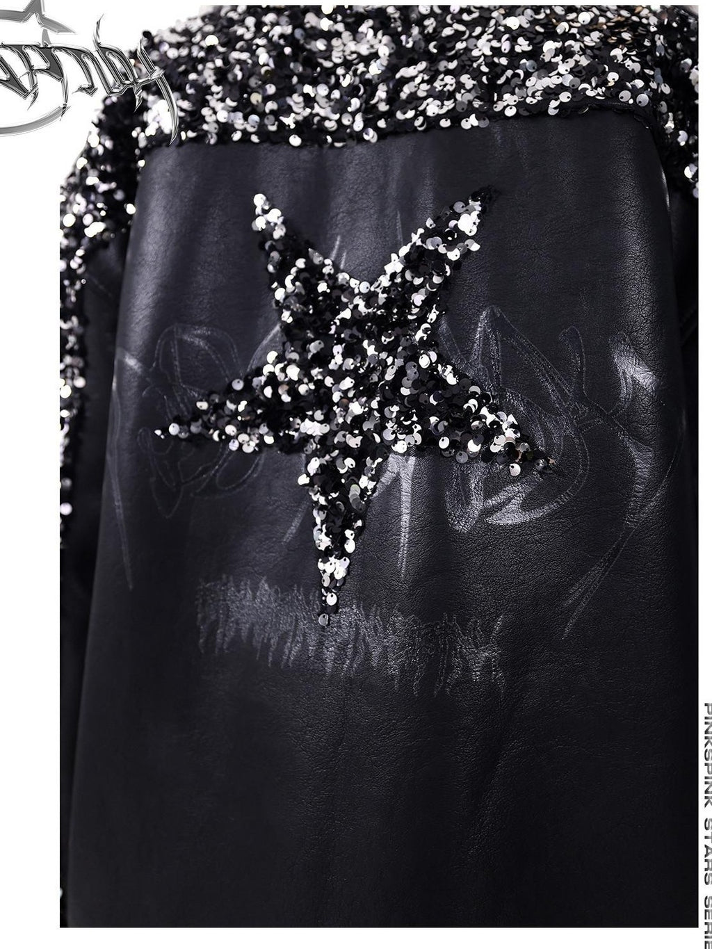 PINKSPINK Sequin Star Patchwork Biker Washed Women's Synthetic Leather Jackets