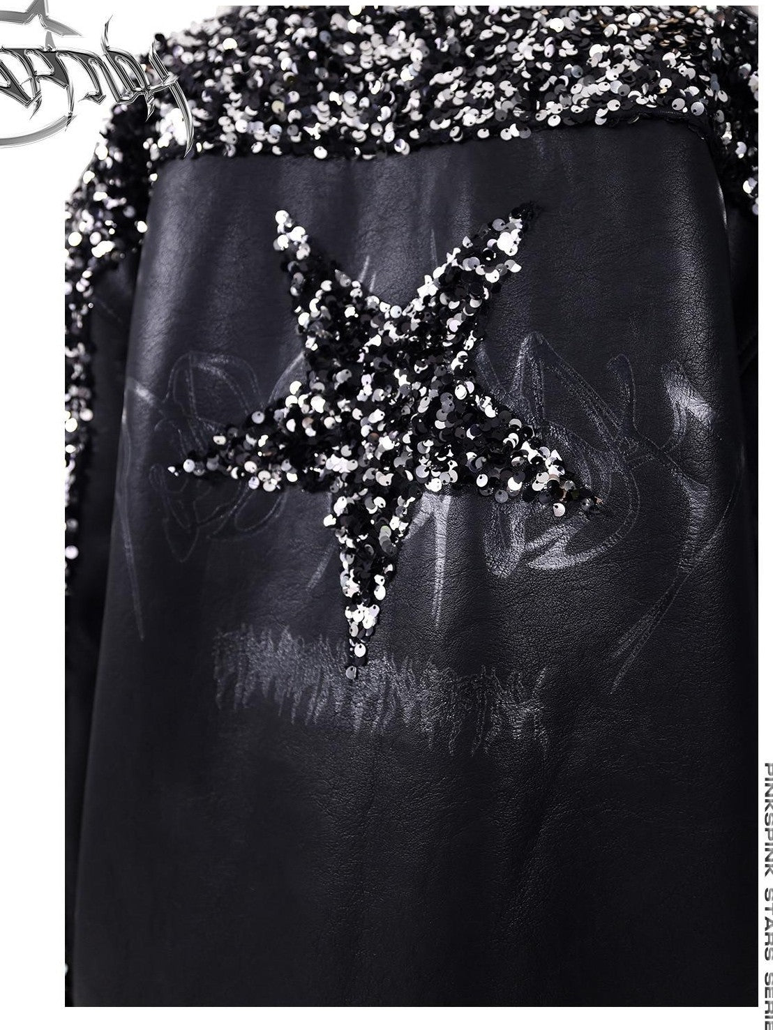 PINKSPINK Sequin Star Patchwork Biker Washed Women's Synthetic Leather Jackets