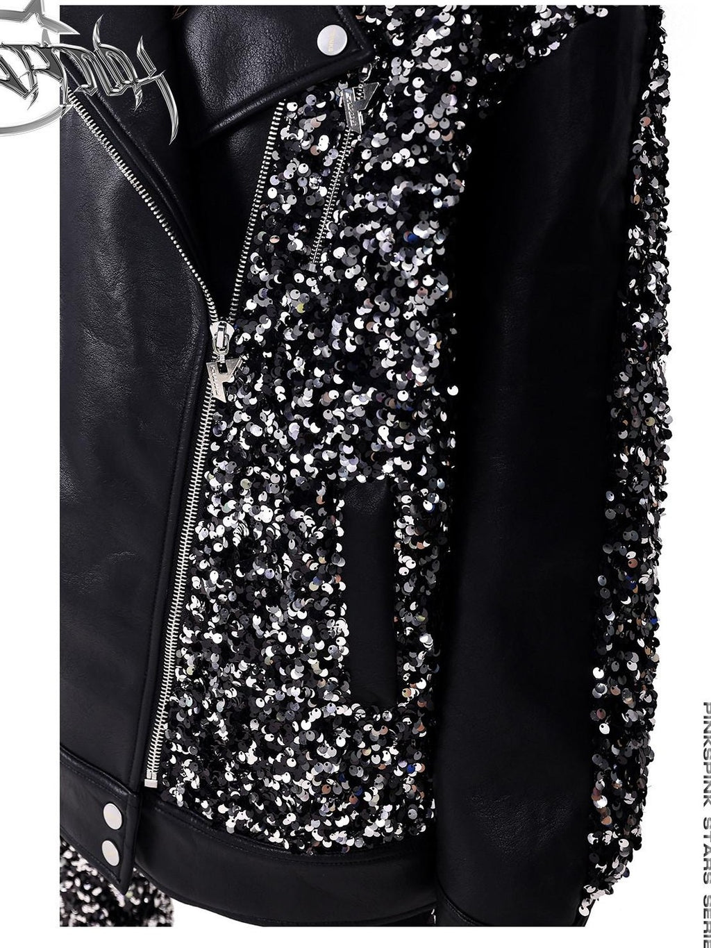 PINKSPINK Sequin Star Patchwork Biker Washed Women's Synthetic Leather Jackets