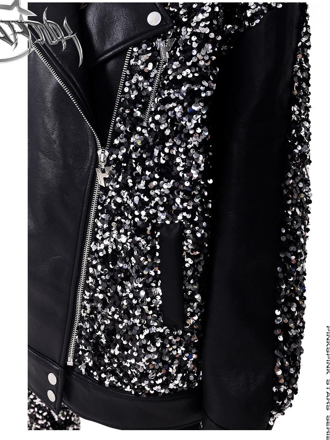 PINKSPINK Sequin Star Patchwork Biker Washed Women's Synthetic Leather Jackets
