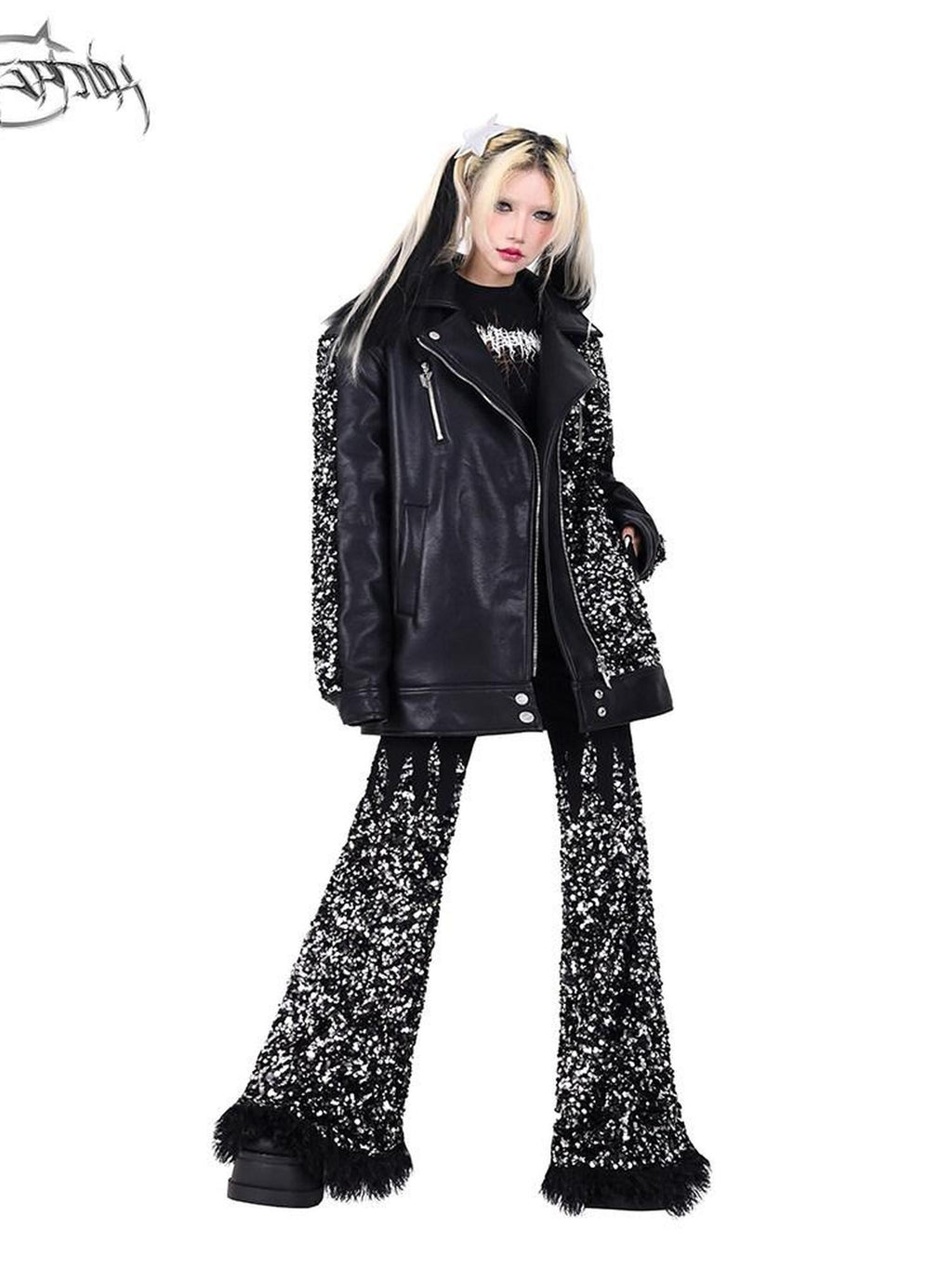PINKSPINK Sequin Star Patchwork Biker Washed Women's Synthetic Leather Jackets