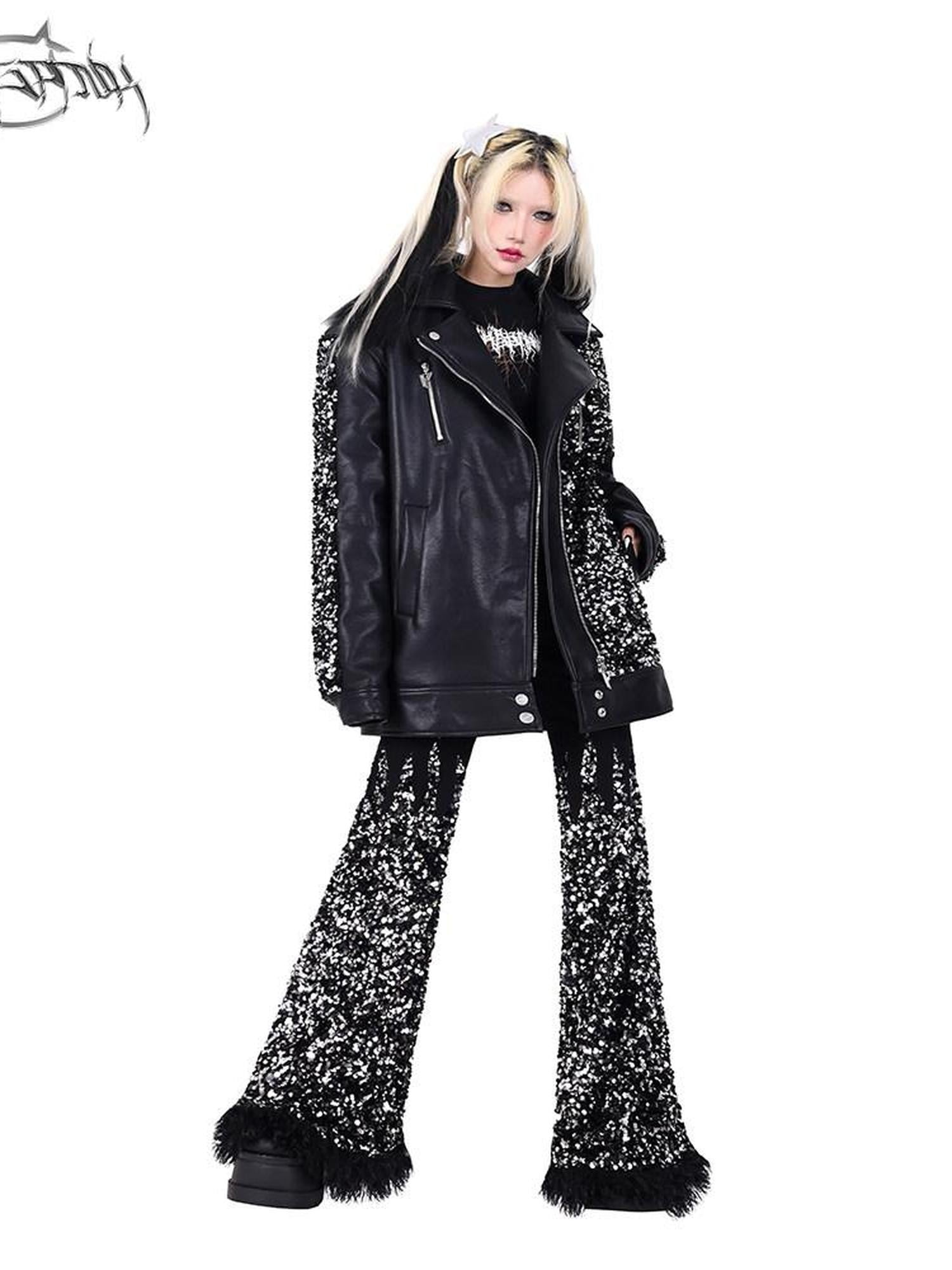 PINKSPINK Sequin Star Patchwork Biker Washed Women's Synthetic Leather Jackets