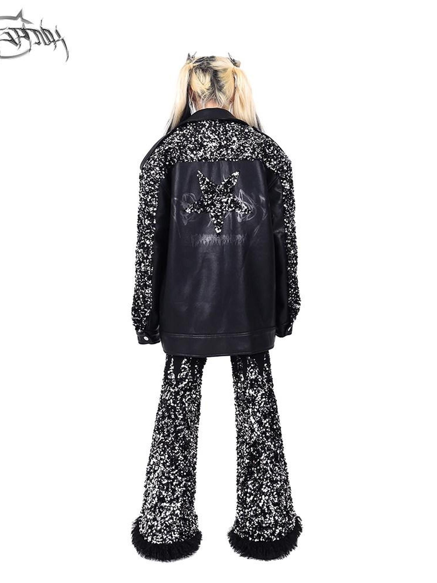 PINKSPINK Sequin Star Patchwork Biker Washed Women's Synthetic Leather Jackets