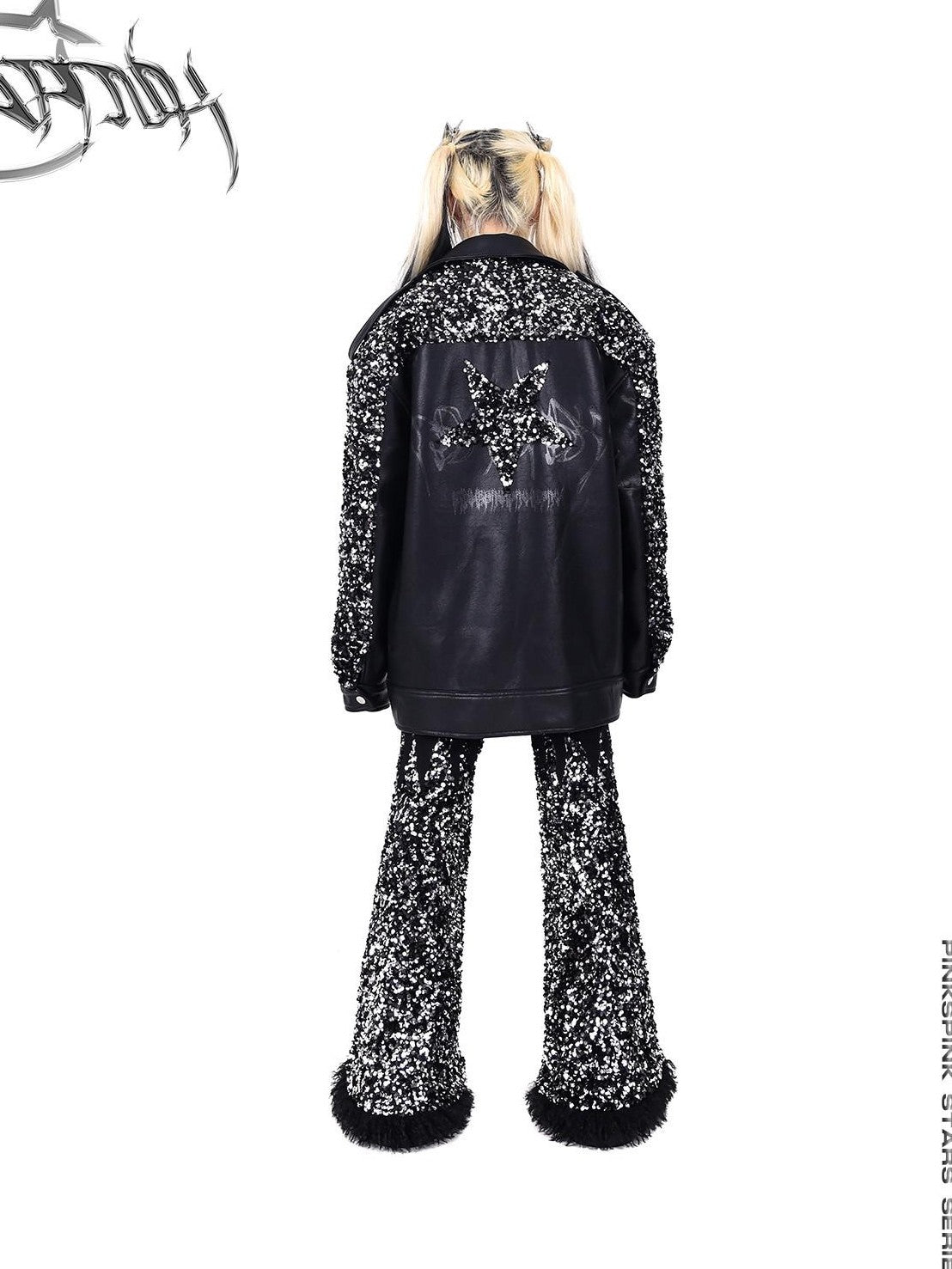 PINKSPINK Sequin Star Patchwork Biker Washed Women's Synthetic Leather Jackets
