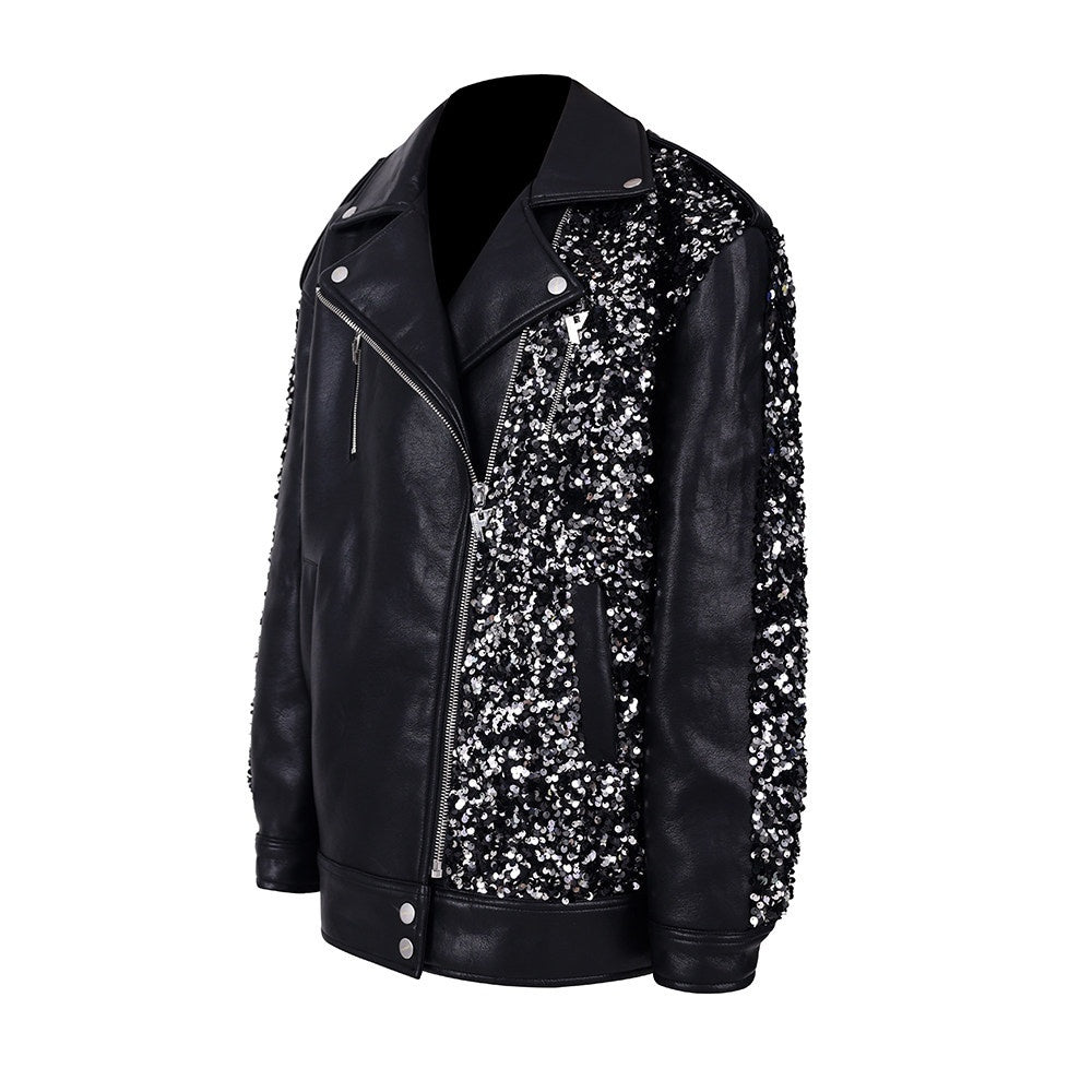 PINKSPINK_Sequin_Stars_Patchwork_Washed_Biker_Women's_Faux_Leather_Leather_Jackets_691569252685_MISSTT