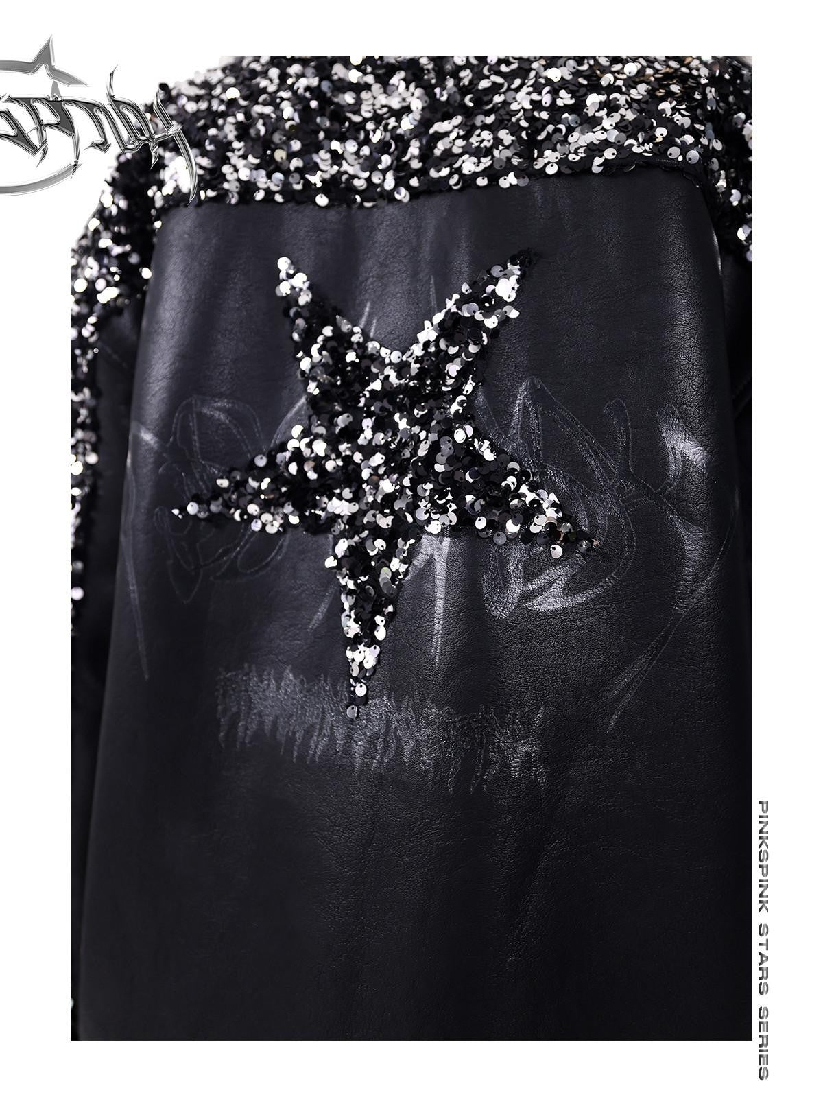 PINKSPINK Sequin Stars Patchwork Washed Biker Women's Faux Leather Leather Jackets