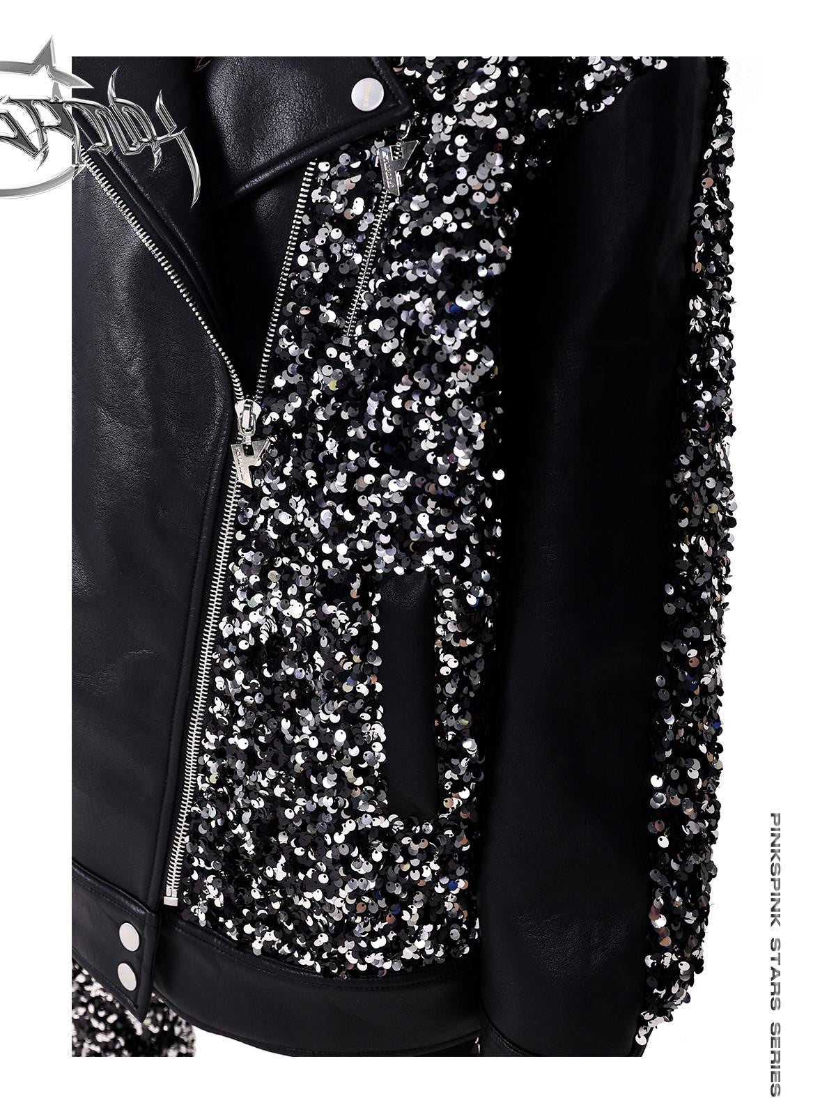 PINKSPINK Sequin Stars Patchwork Washed Biker Women's Faux Leather Leather Jackets