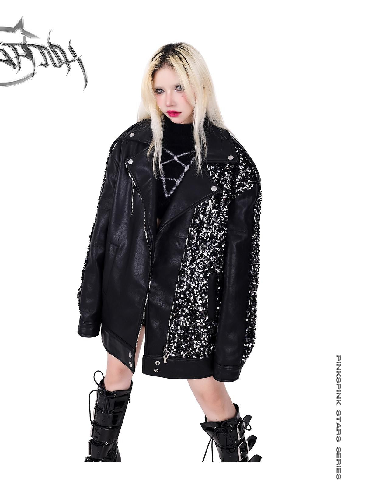PINKSPINK Sequin Stars Patchwork Washed Biker Women's Faux Leather Leather Jackets