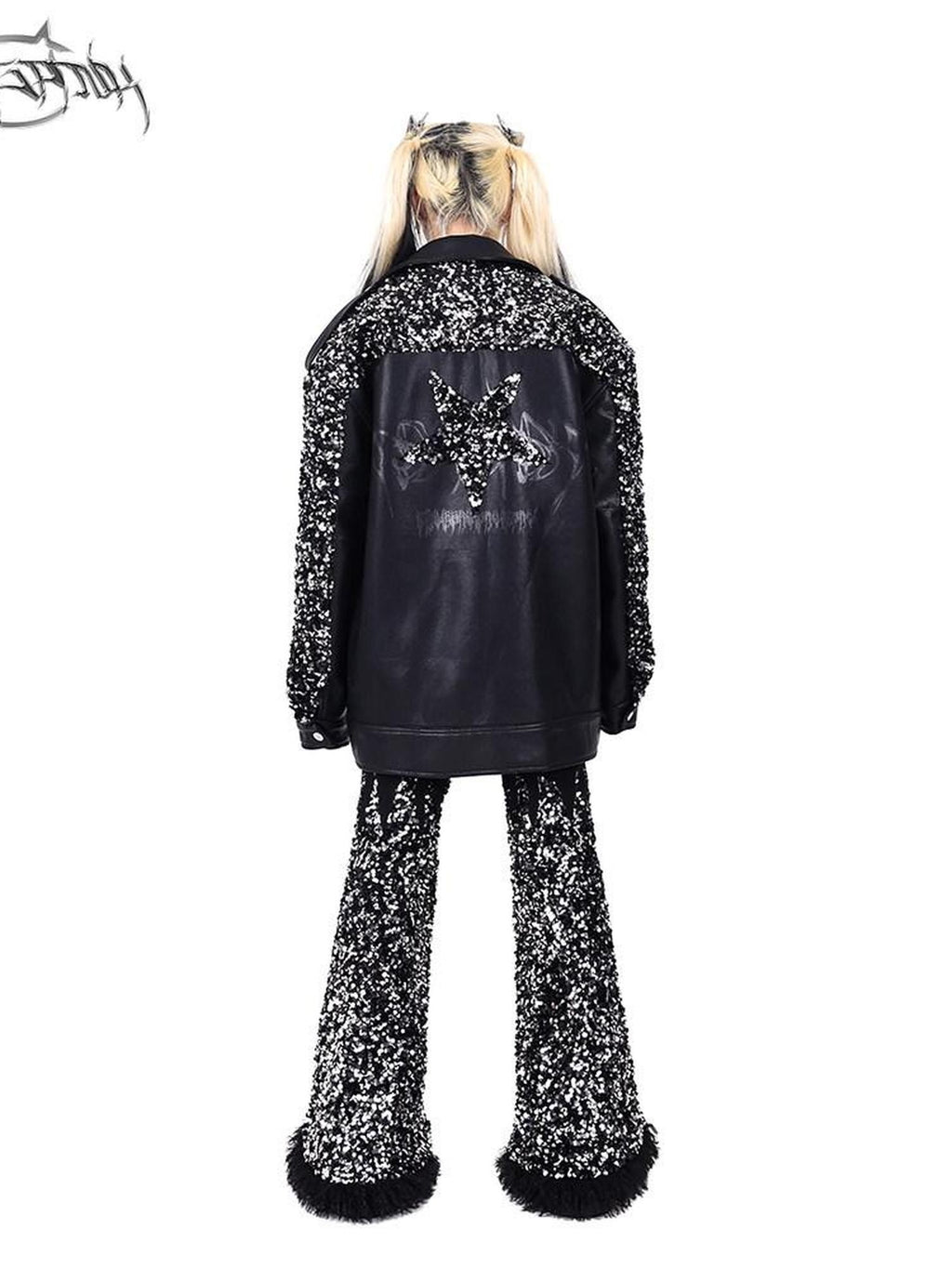 PINKSPINK Sequin Stars Patchwork Washed Biker Women's Faux Leather Leather Jackets