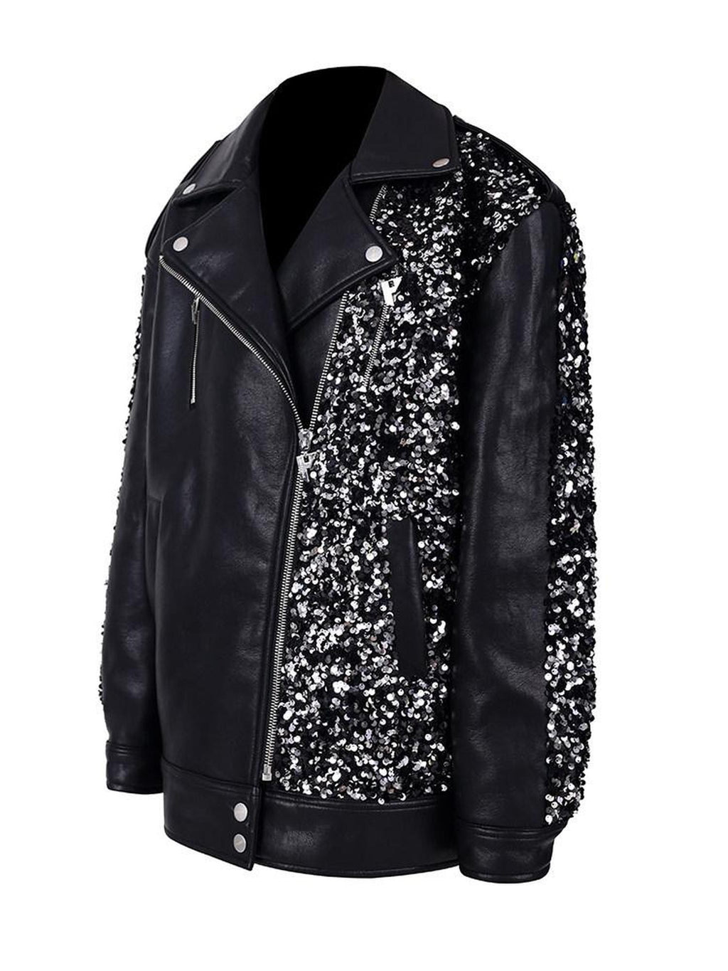 PINKSPINK Sequin Stars Patchwork Washed Biker Women's Faux Leather Leather Jackets