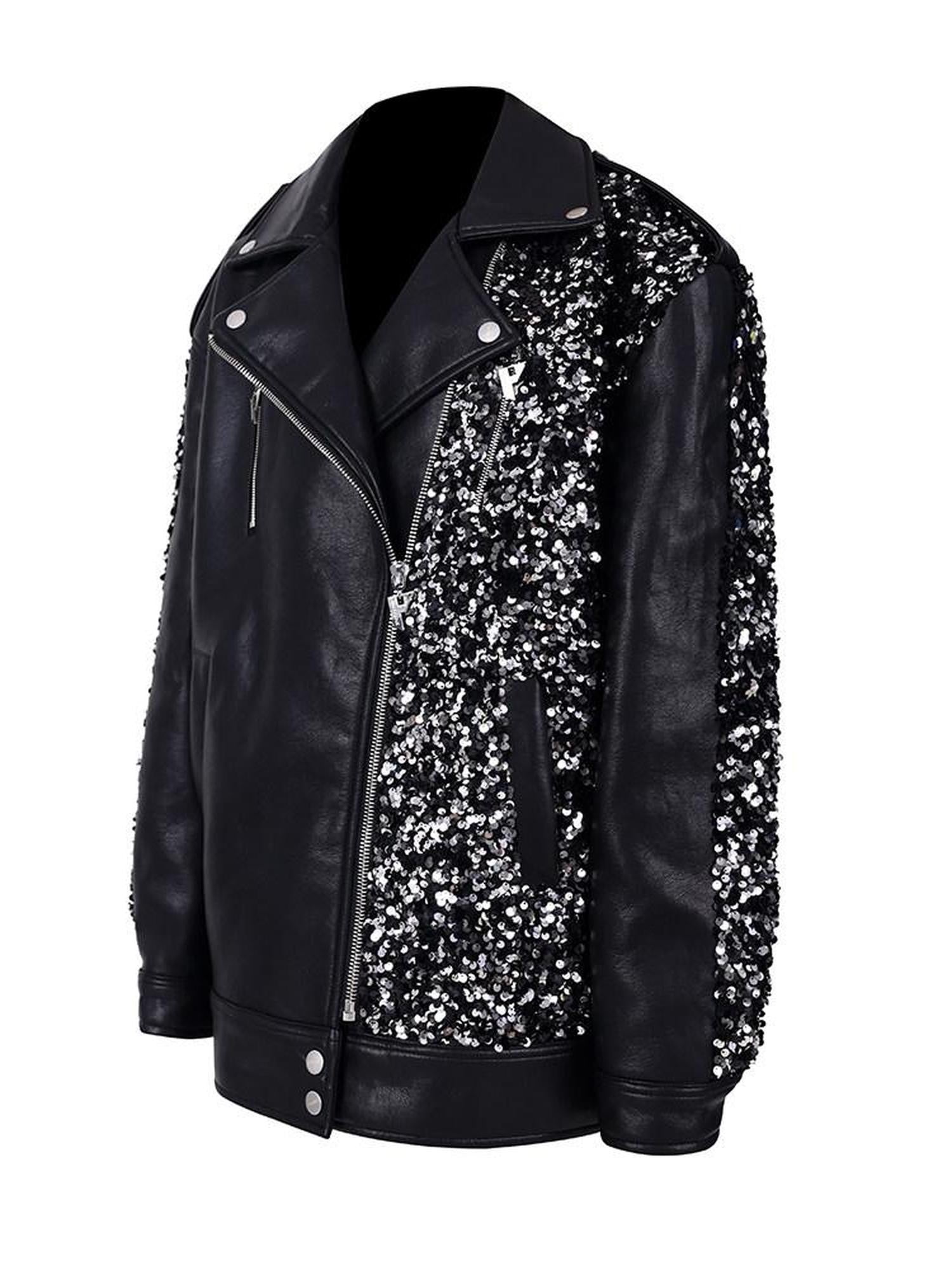 PINKSPINK Sequin Stars Patchwork Washed Biker Women's Faux Leather Leather Jackets