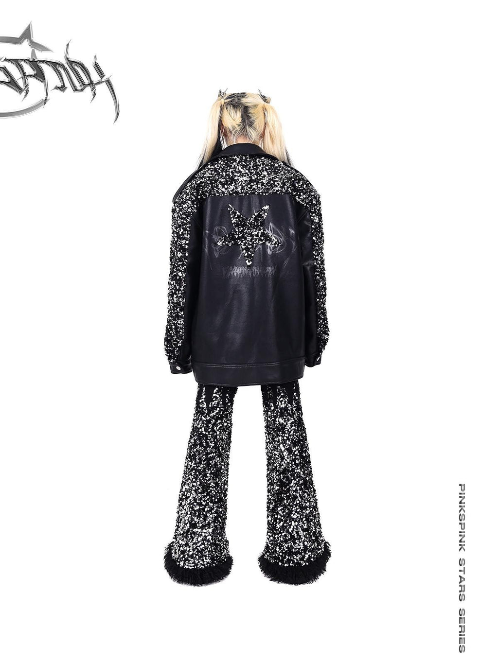 PINKSPINK Sequin Stars Patchwork Washed Biker Women's Faux Leather Leather Jackets