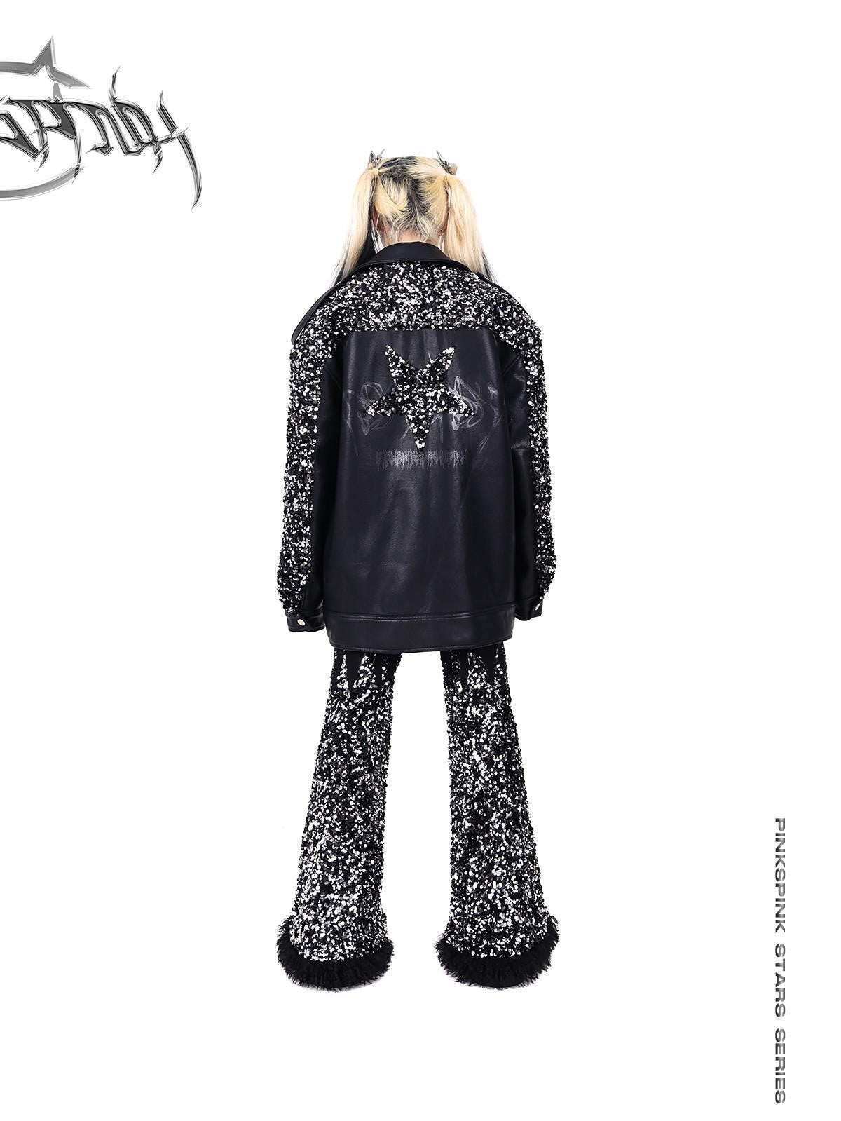PINKSPINK Sequin Stars Patchwork Washed Biker Women's Faux Leather Leather Jackets