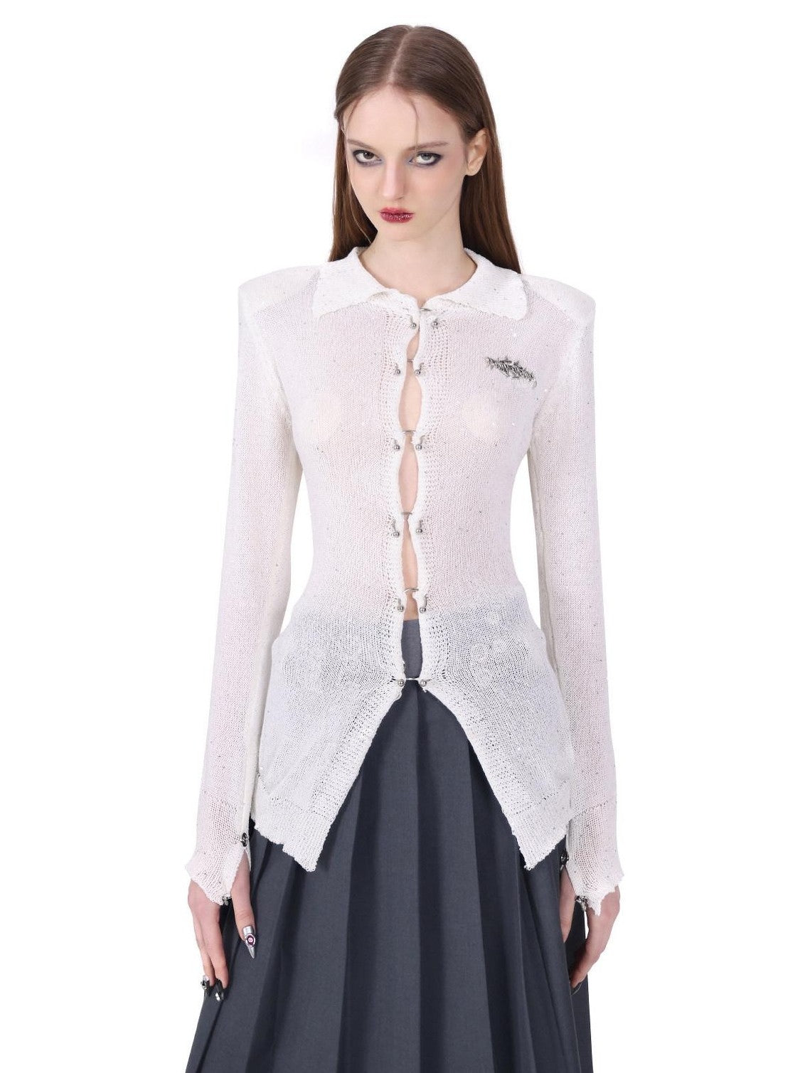PINKSPINK Sequin Studded Metal Ring Shoulder Pad Zip Polo Women's Acrylic Knit Blouses