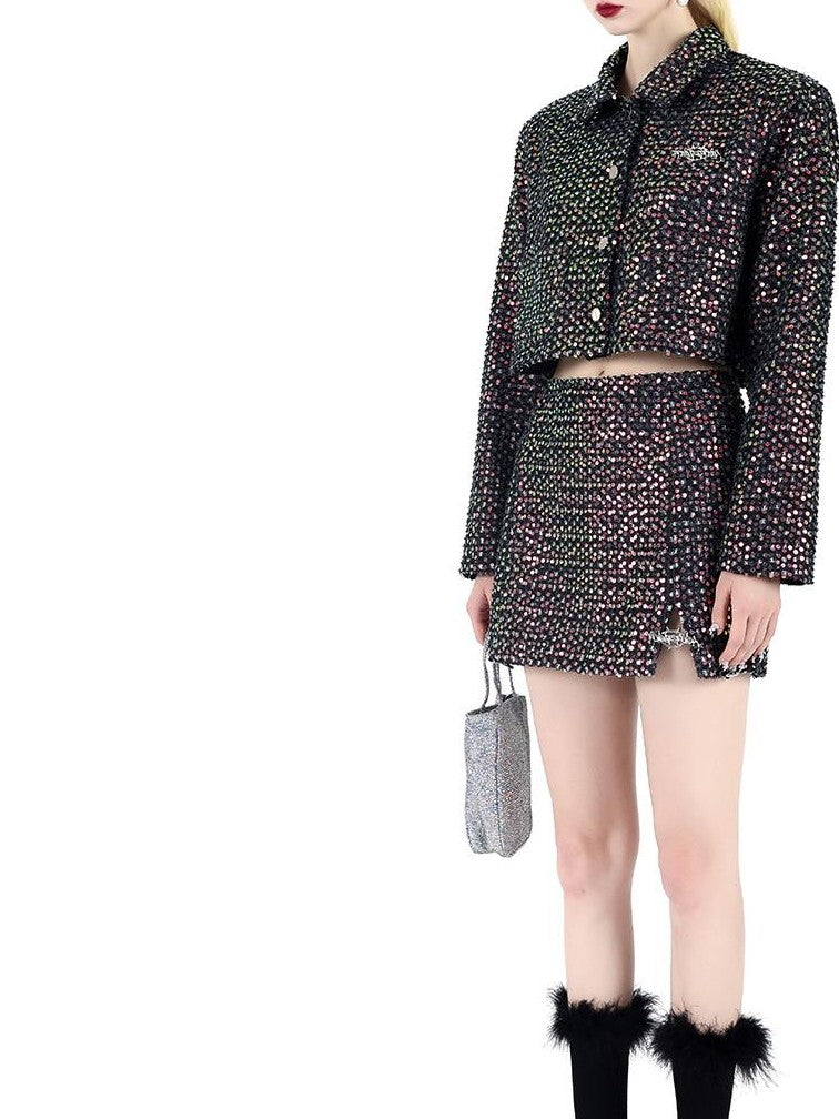 PINKSPINK Sequined Sparkle Polo Collar Buttoned Cropped Jacket Women's Matching Skirt Sets