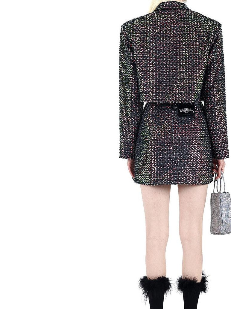 PINKSPINK Sequined Sparkle Polo Collar Buttoned Cropped Jacket Women's Matching Skirt Sets