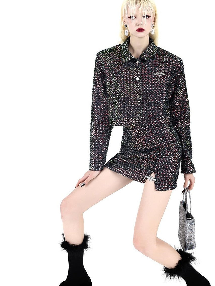 PINKSPINK Sequined Sparkle Polo Collar Buttoned Cropped Jacket Women's Matching Skirt Sets