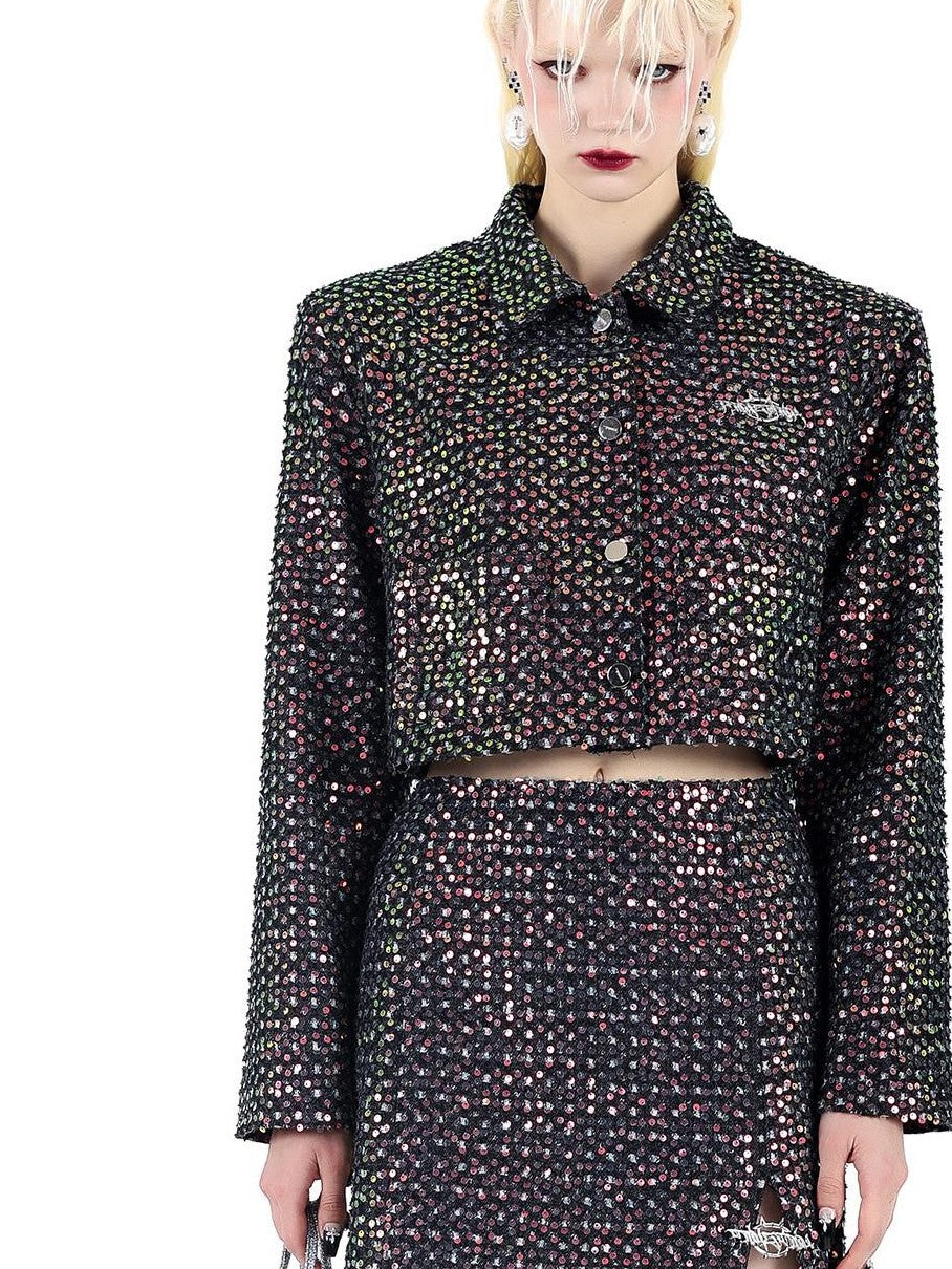 PINKSPINK Sequined Sparkle Polo Collar Buttoned Cropped Jacket Women's Matching Skirt Sets