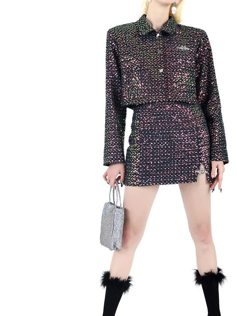 PINKSPINK Sequined Sparkle Polo Collar Buttoned Cropped Jacket Women's Matching Skirt Sets