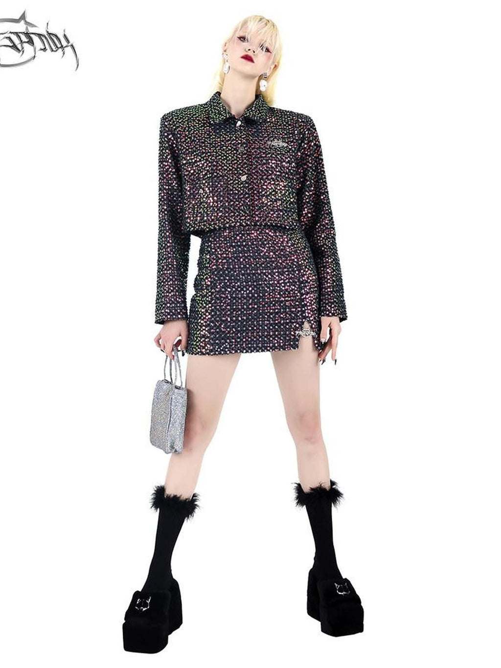 PINKSPINK Sequined Sparkle Polo Collar Buttoned Cropped Jacket Women's Matching Skirt Sets