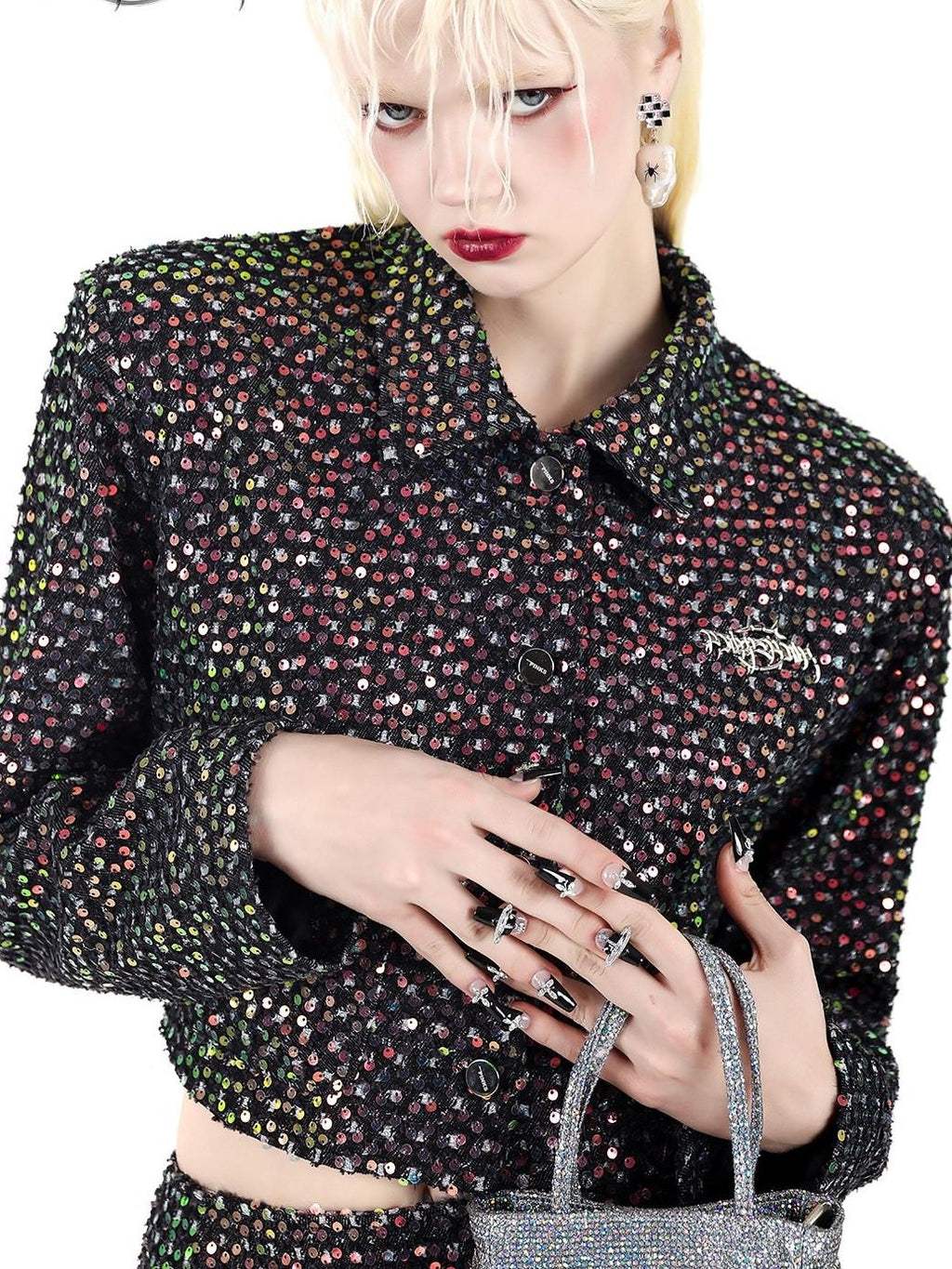 PINKSPINK Sequined Sparkle Polo Collar Buttoned Cropped Jacket Women's Matching Skirt Sets