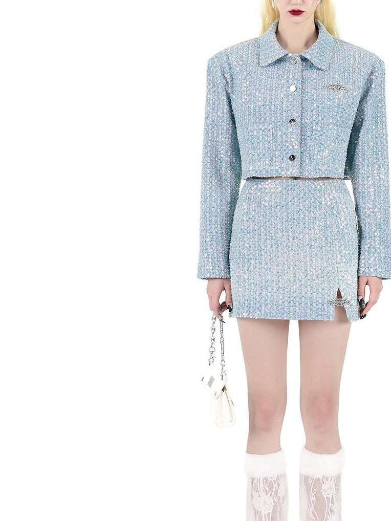 PINKSPINK Sequined Sparkle Polo Collar Buttoned Cropped Jacket Women's Matching Skirt Sets