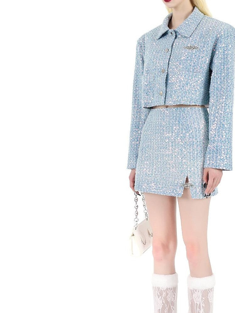 PINKSPINK Sequined Sparkle Polo Collar Buttoned Cropped Jacket Women's Matching Skirt Sets