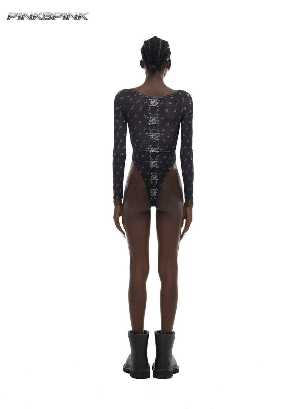 PINKSPINK Sheer Geometric Print Punk Slim Fit Long Sleeve Women's Mesh Basic Bodysuits