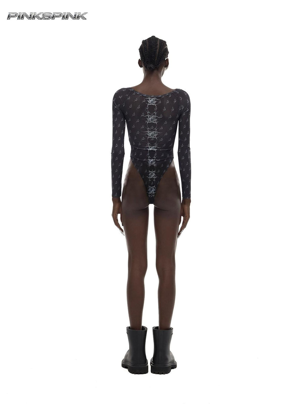 PINKSPINK Sheer Geometric Print Punk Slim Fit Long Sleeve Women's Mesh Basic Bodysuits