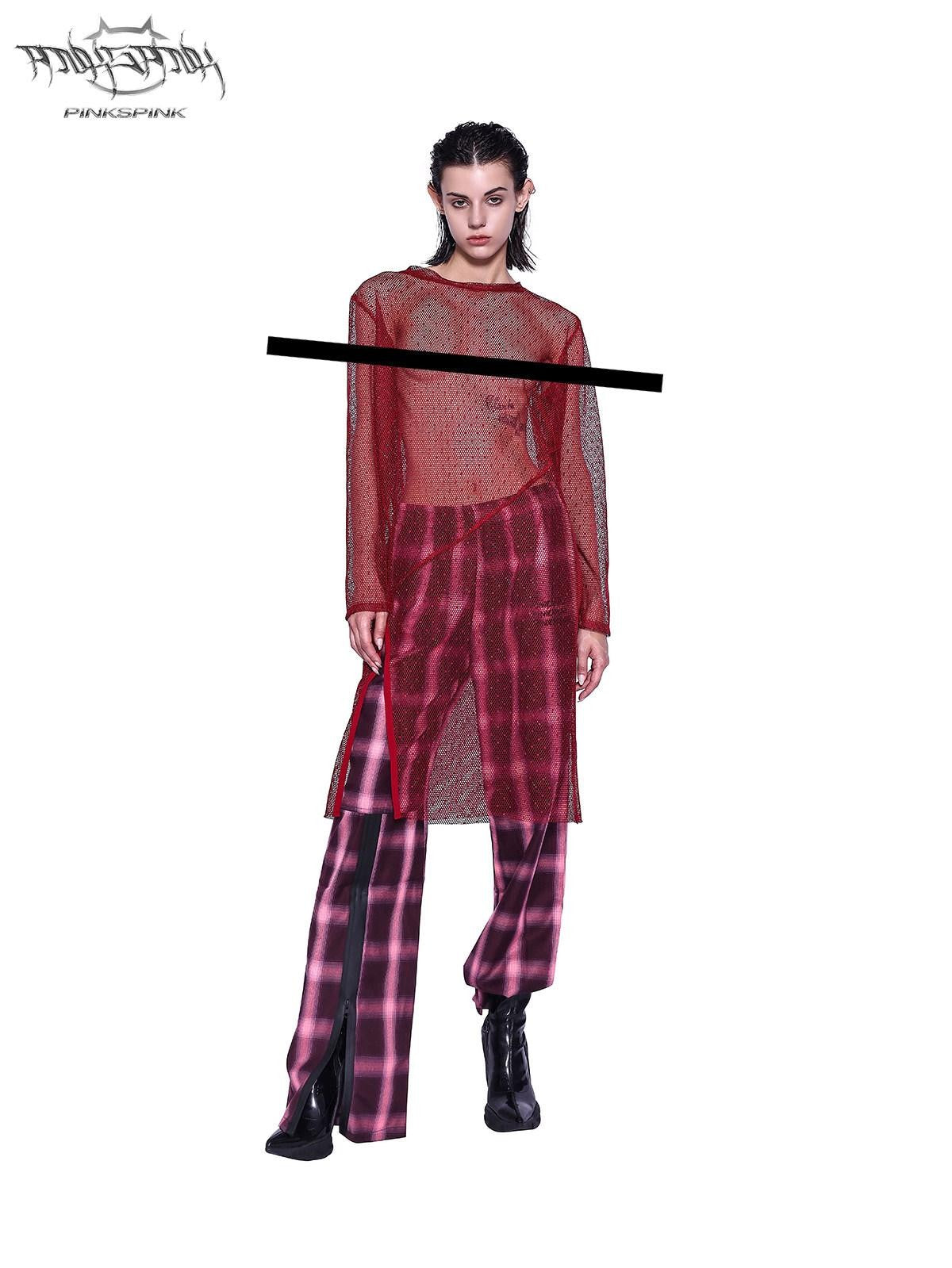PINKSPINK Sheer Glitter Mesh Y2k Longline Loose Women's Tulle Long Sleeve T-shirts