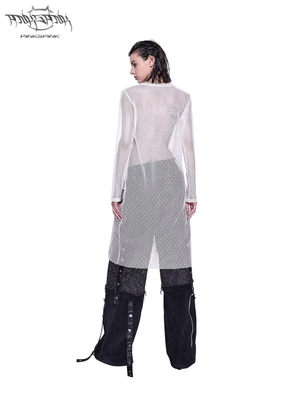 PINKSPINK Sheer Glitter Mesh Y2k Longline Loose Women's Tulle Long Sleeve T-shirts