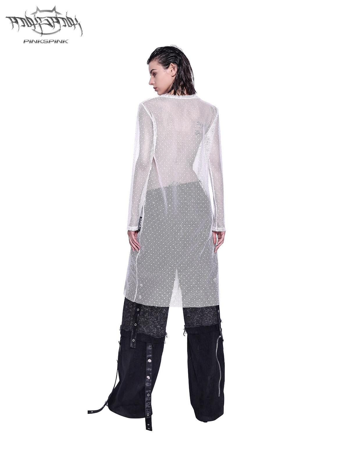 PINKSPINK Sheer Glitter Mesh Y2k Longline Loose Women's Tulle Long Sleeve T-shirts