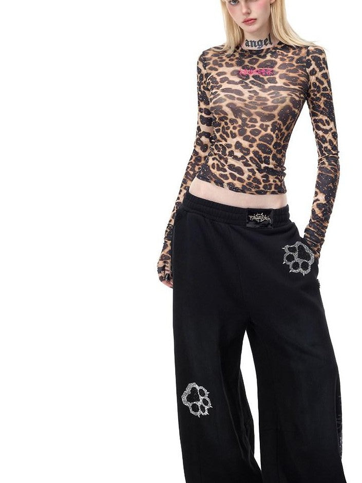 PINKSPINK Sheer Leopard Rhinestone Thorn Embroidered Women's Long Sleeve T-shirts