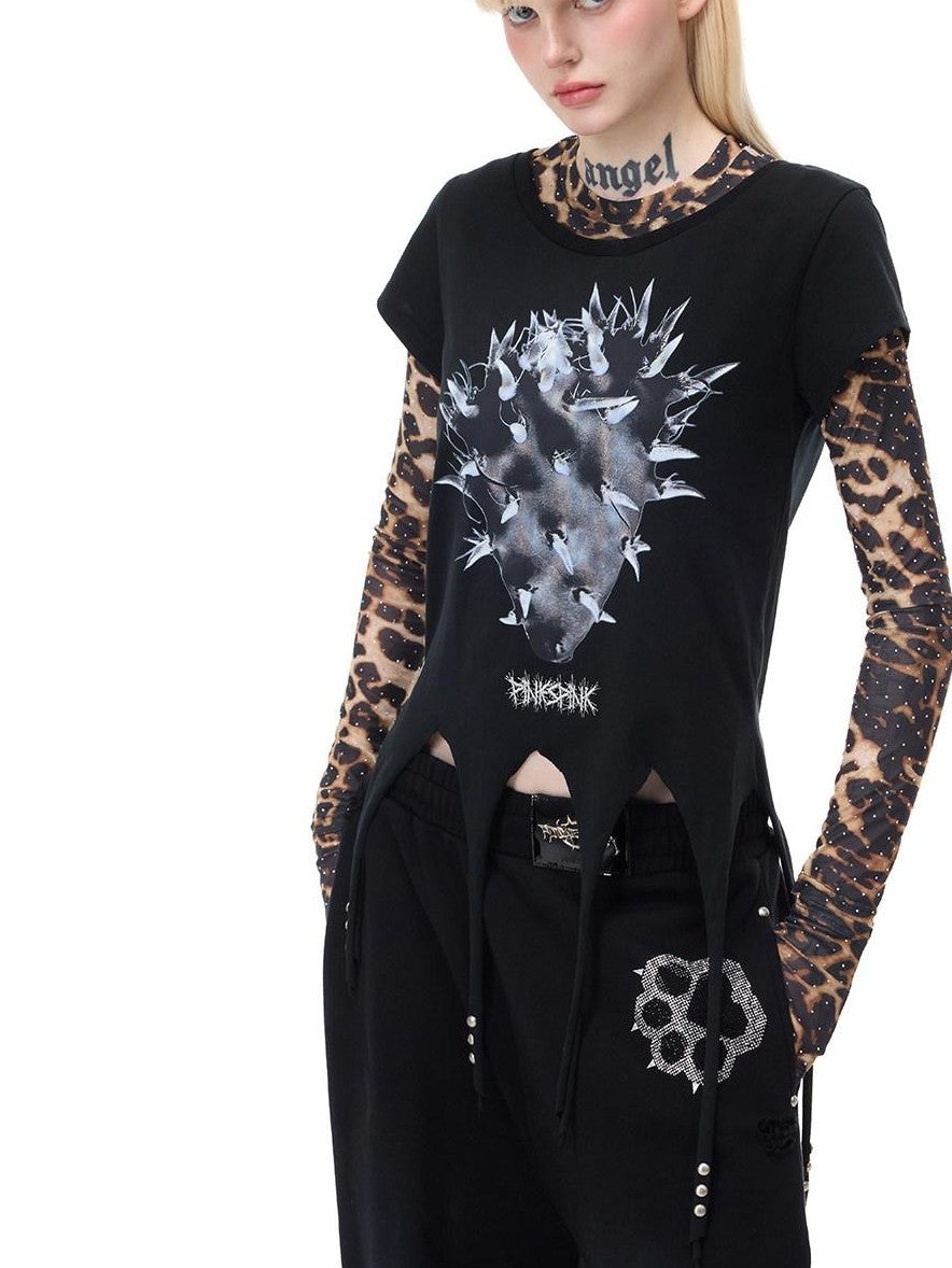 PINKSPINK Sheer Leopard Rhinestone Thorn Embroidered Women's Long Sleeve T-shirts