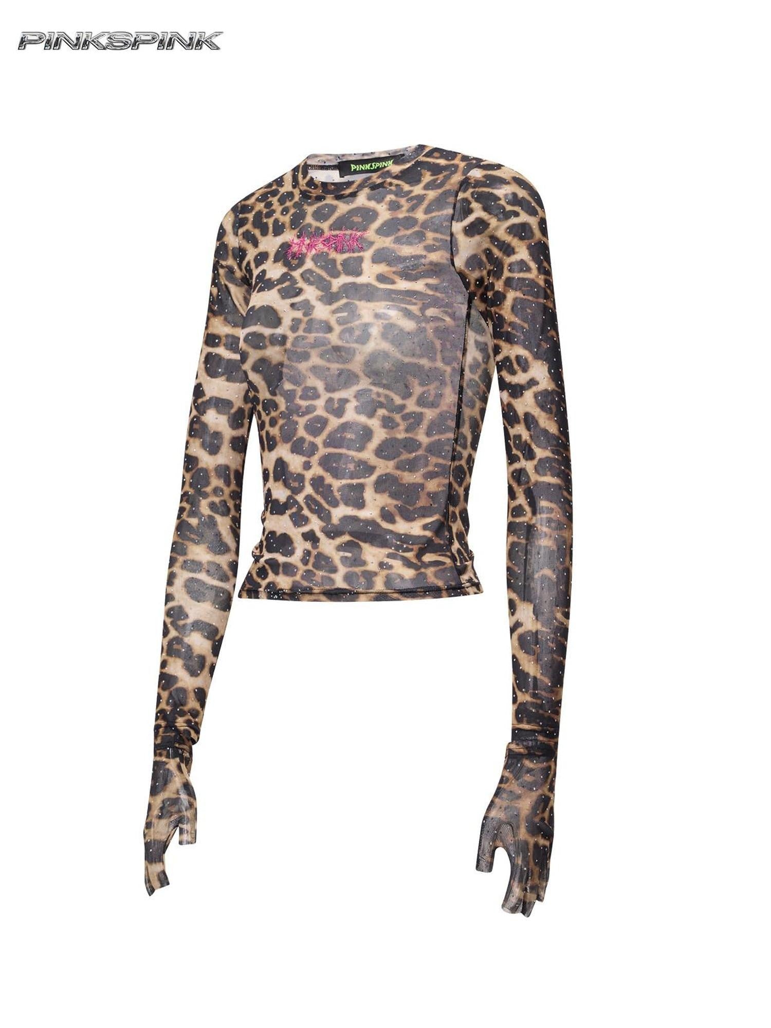 PINKSPINK Sheer Leopard Rhinestone Thorn Embroidered Women's Long Sleeve T-shirts